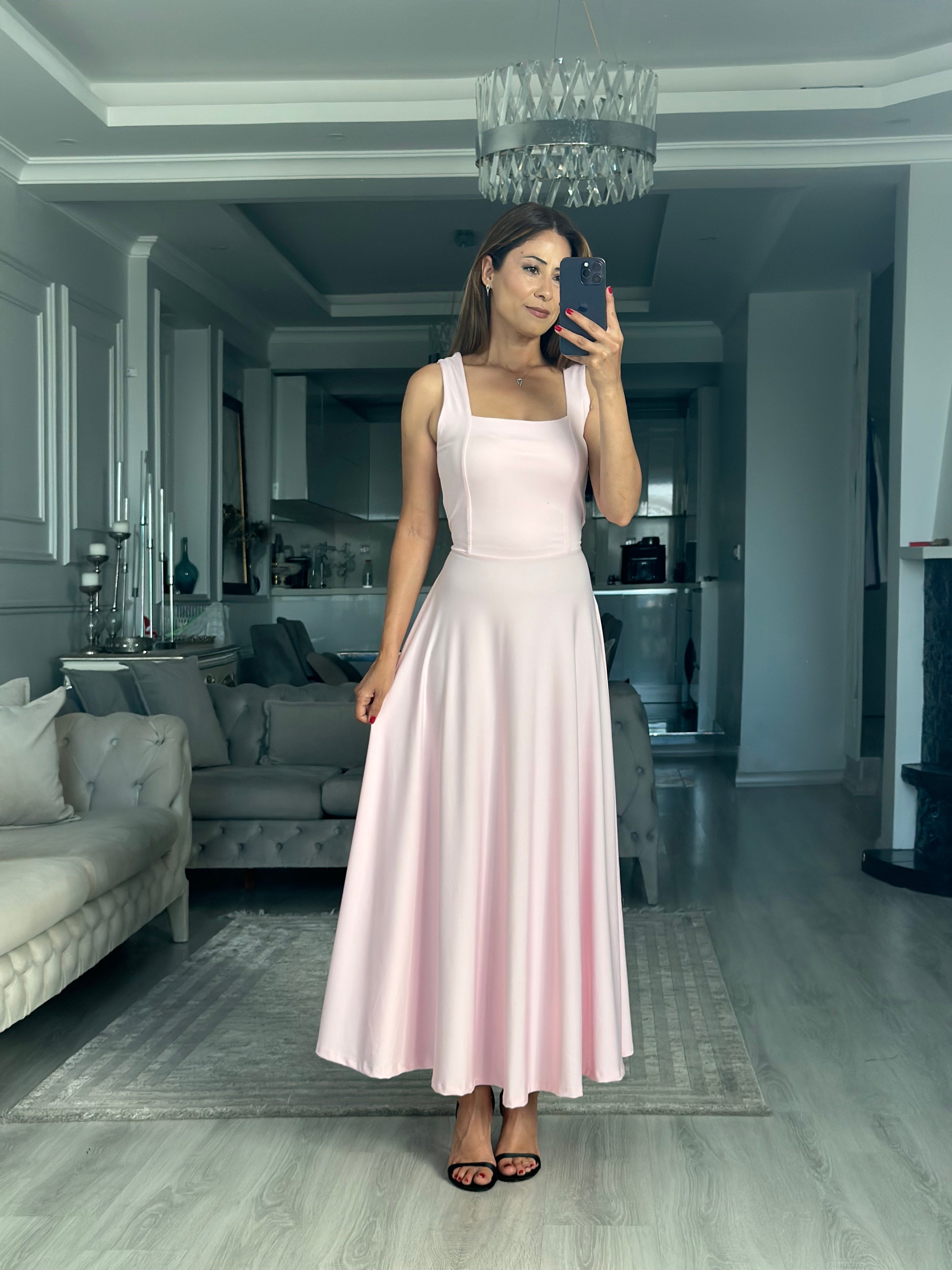 Pembe Scuba Bağlama Detay Maxi Boy Kadın Elbise 