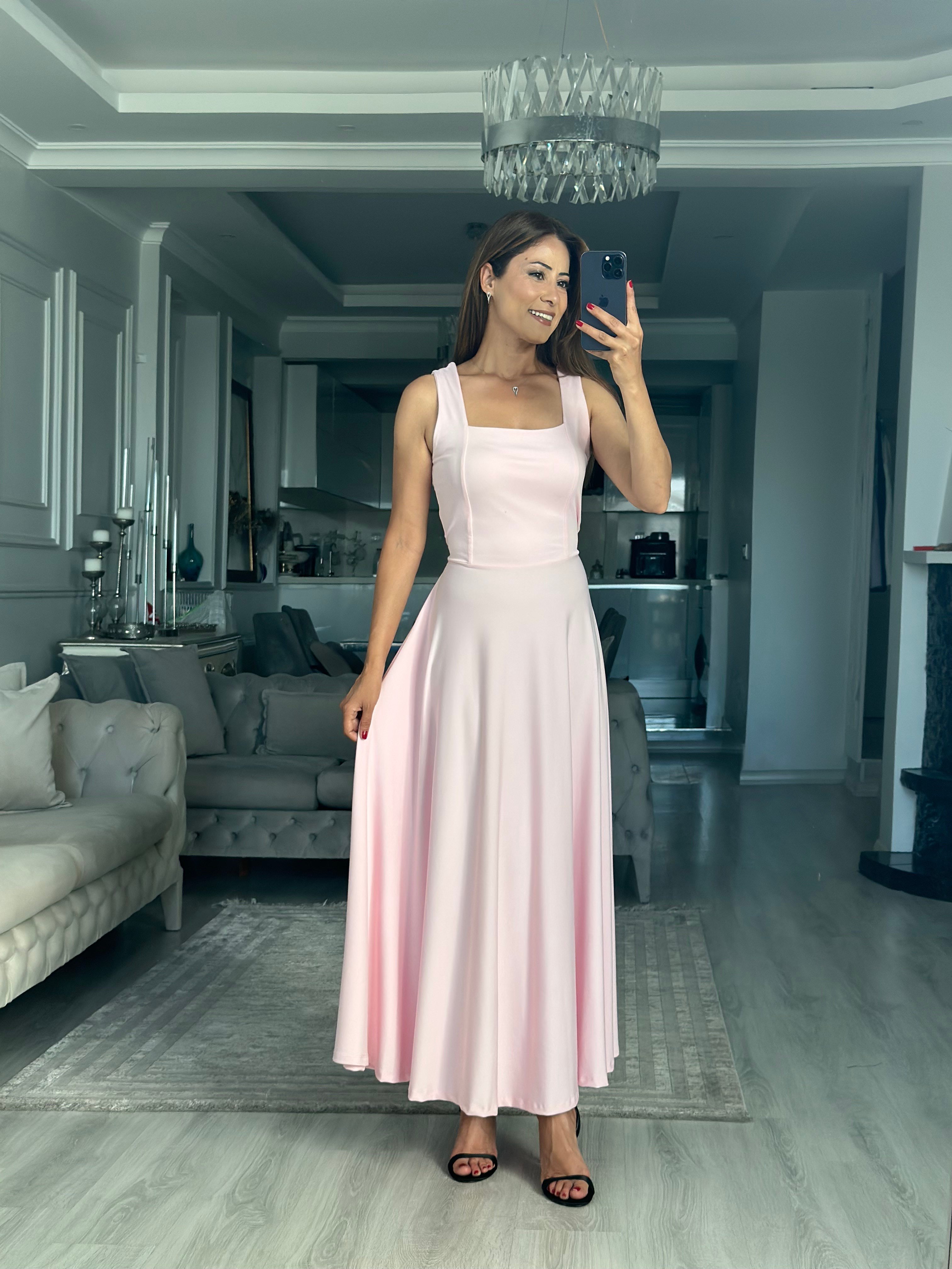 Pembe Scuba Bağlama Detay Maxi Boy Kadın Elbise 
