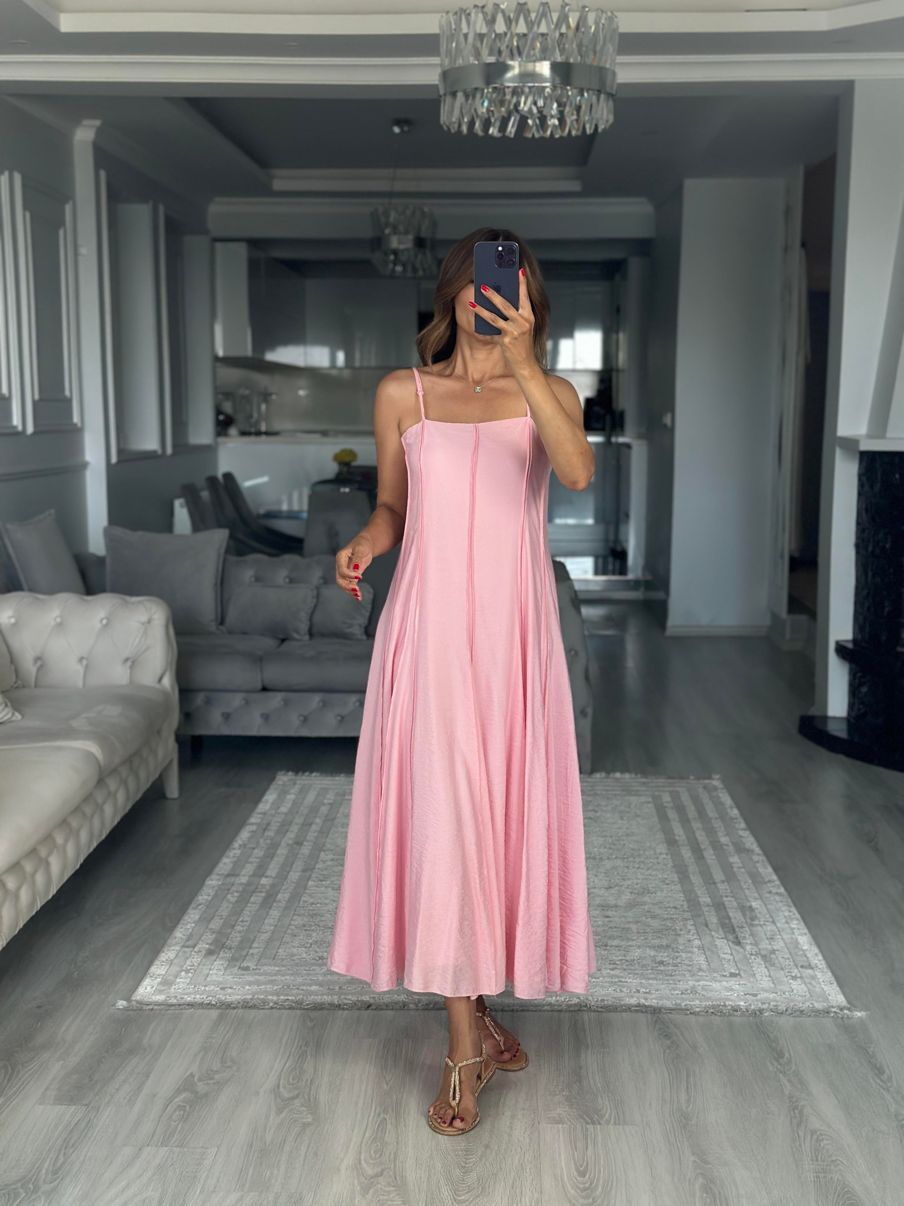 Pembe Straplez Yaka İnce Askılı Midi Boy Kadın Elbise