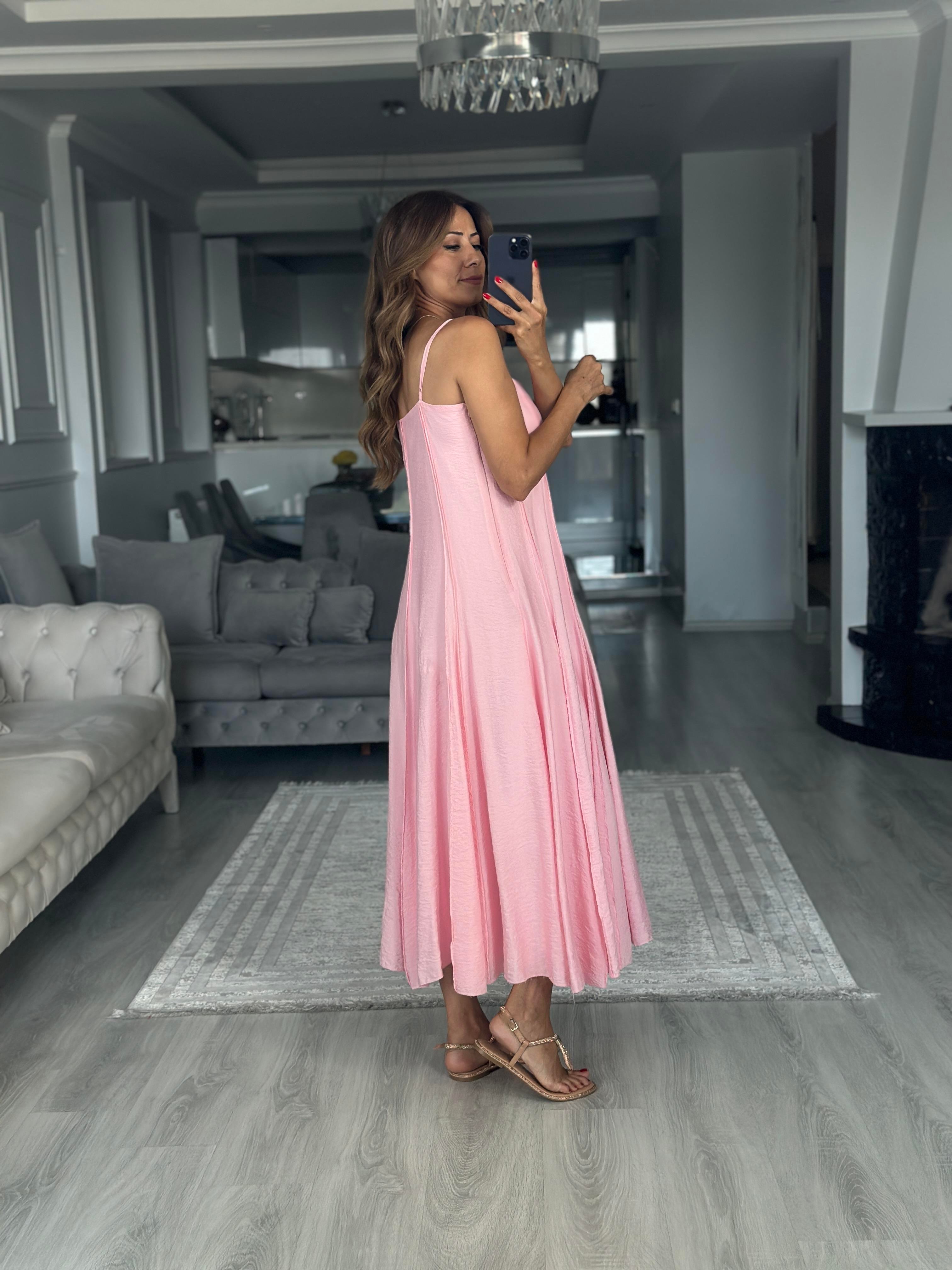 Pembe Straplez Yaka İnce Askılı Midi Boy Kadın Elbise