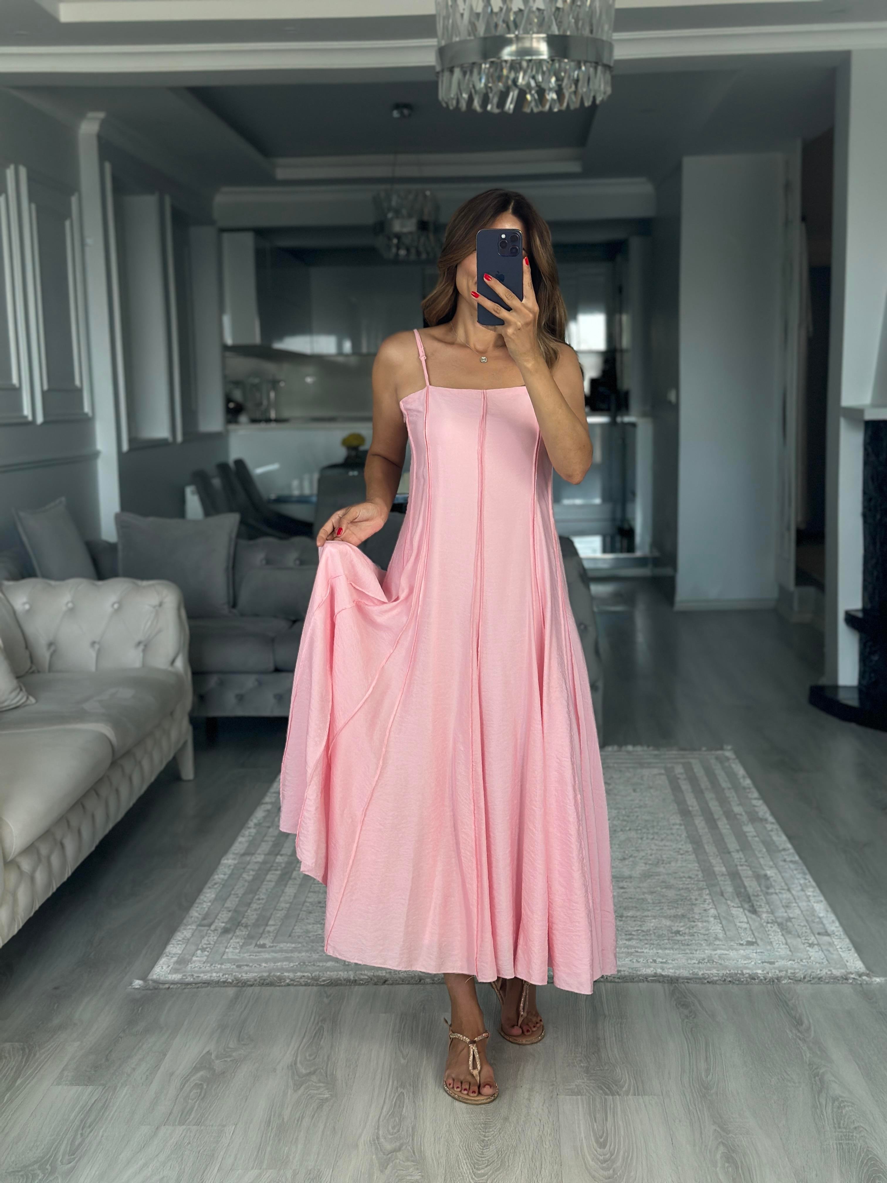 Pembe Straplez Yaka İnce Askılı Midi Boy Kadın Elbise