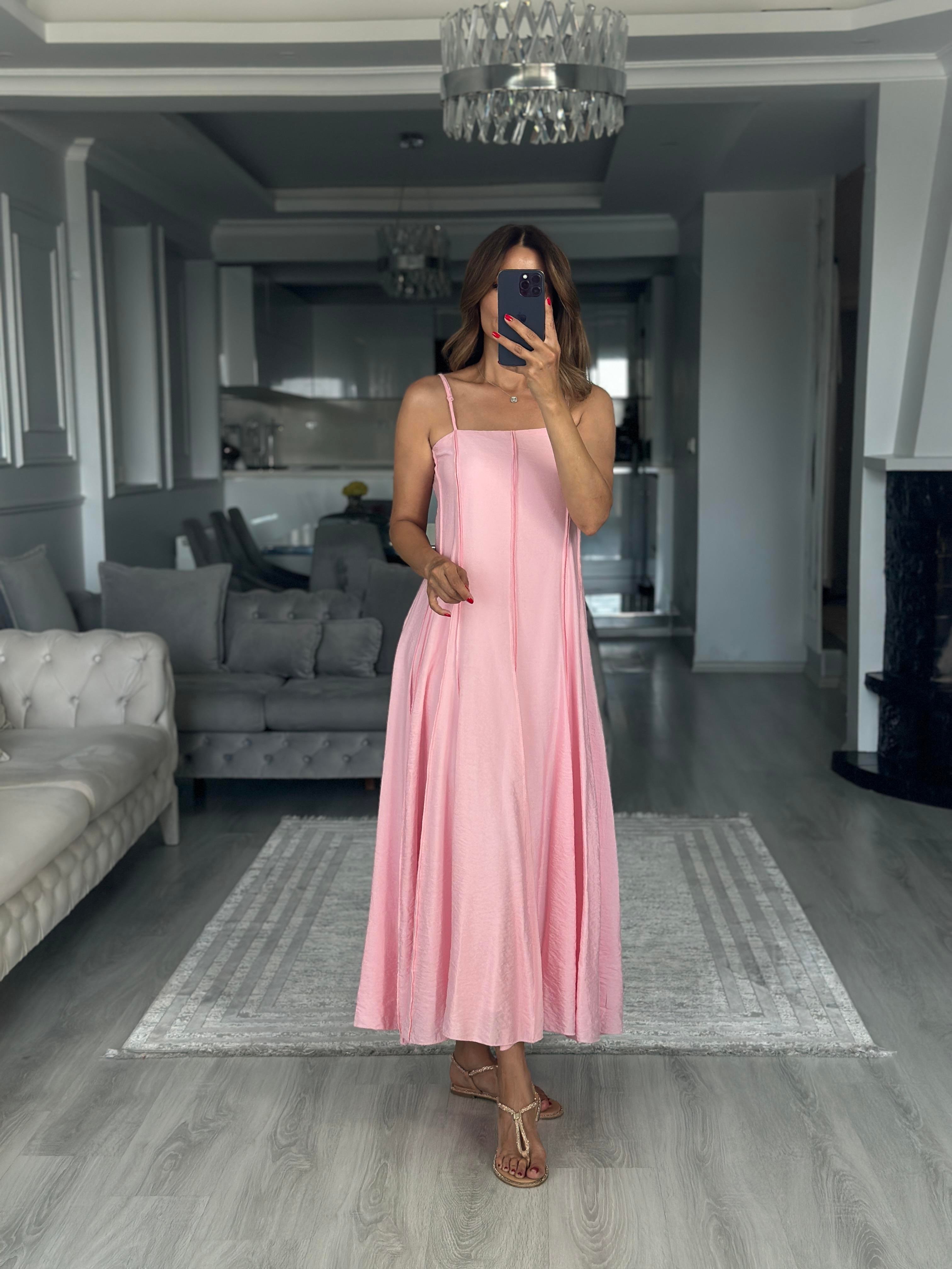 Pembe Straplez Yaka İnce Askılı Midi Boy Kadın Elbise