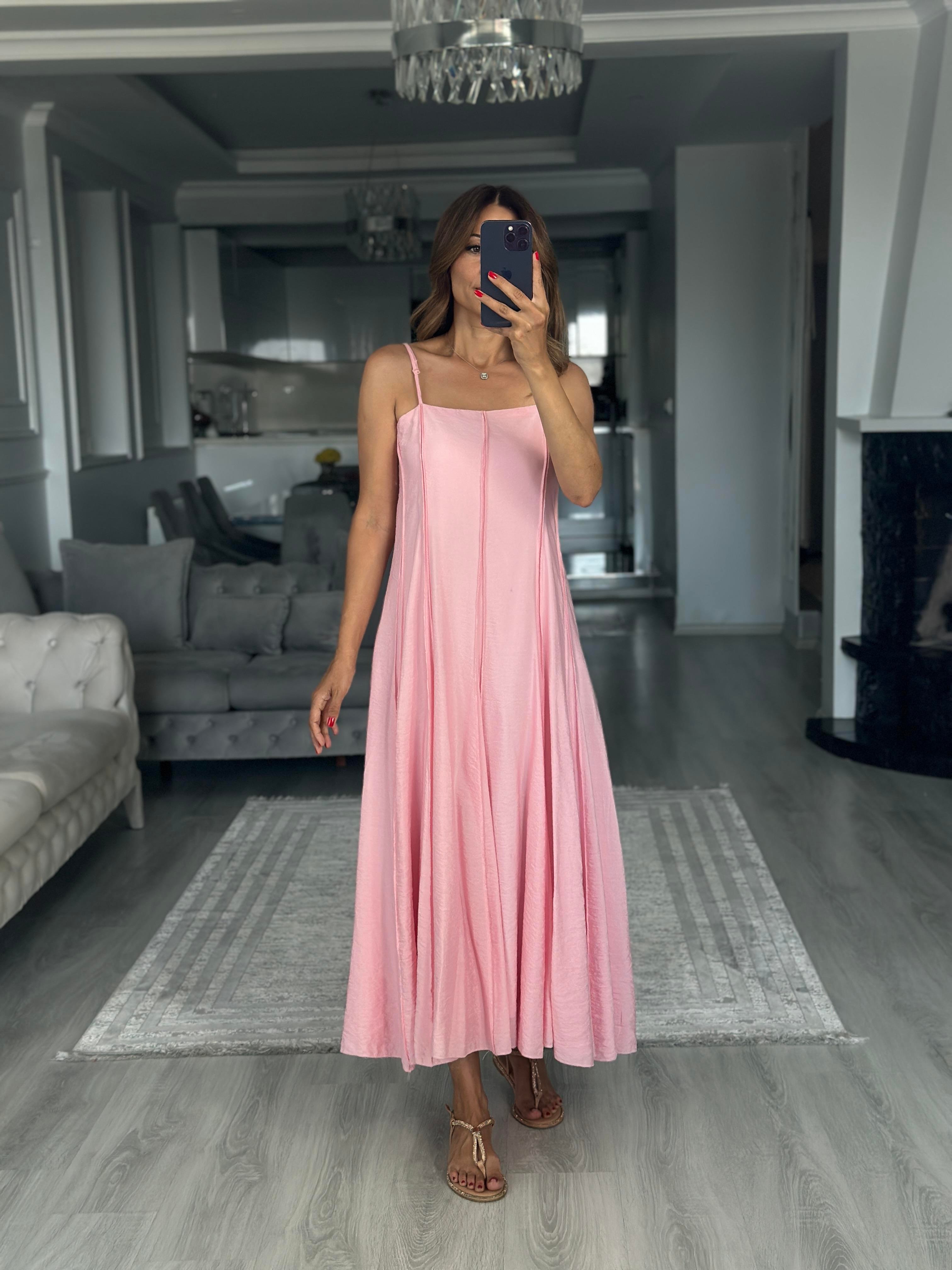 Pembe Straplez Yaka İnce Askılı Midi Boy Kadın Elbise