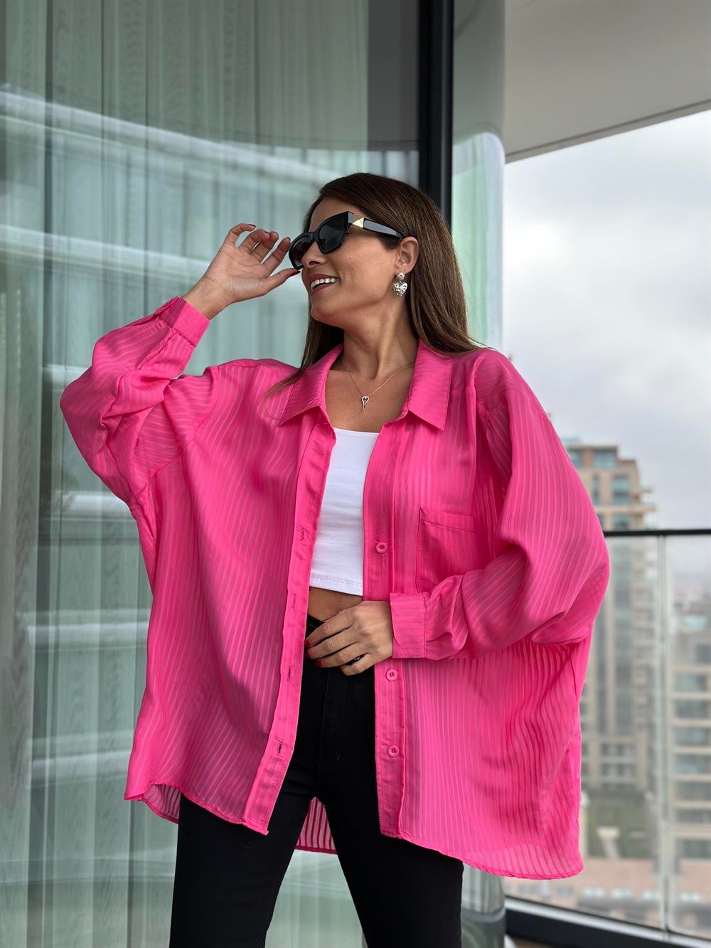 Pembe Tek Cepli Oversize Kadın Gömlek
