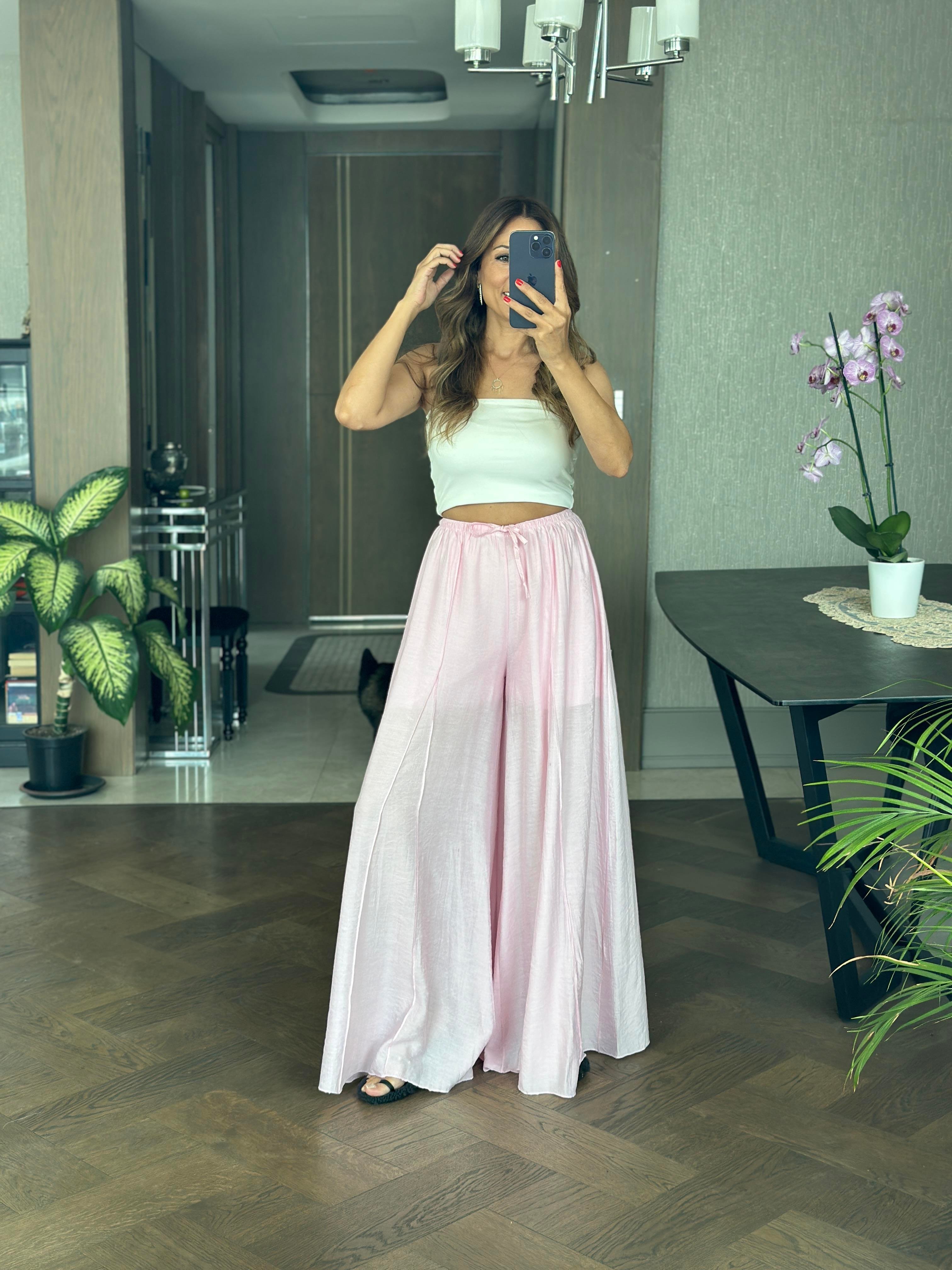 Pembe Ters Dikiş Parçalı Bağcıklı Geniş Paça Kadın Pantolon