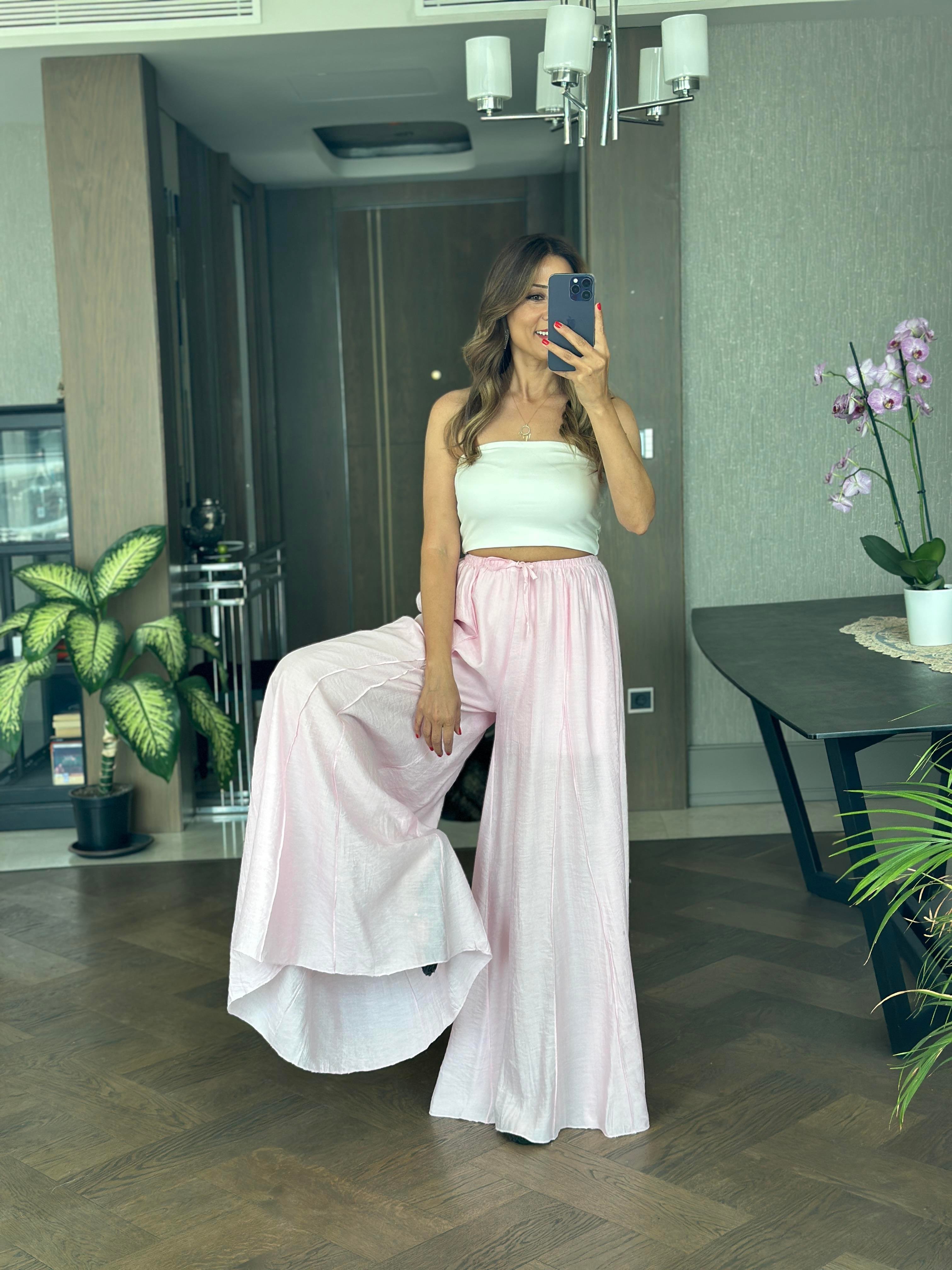 Pembe Ters Dikiş Parçalı Bağcıklı Geniş Paça Kadın Pantolon