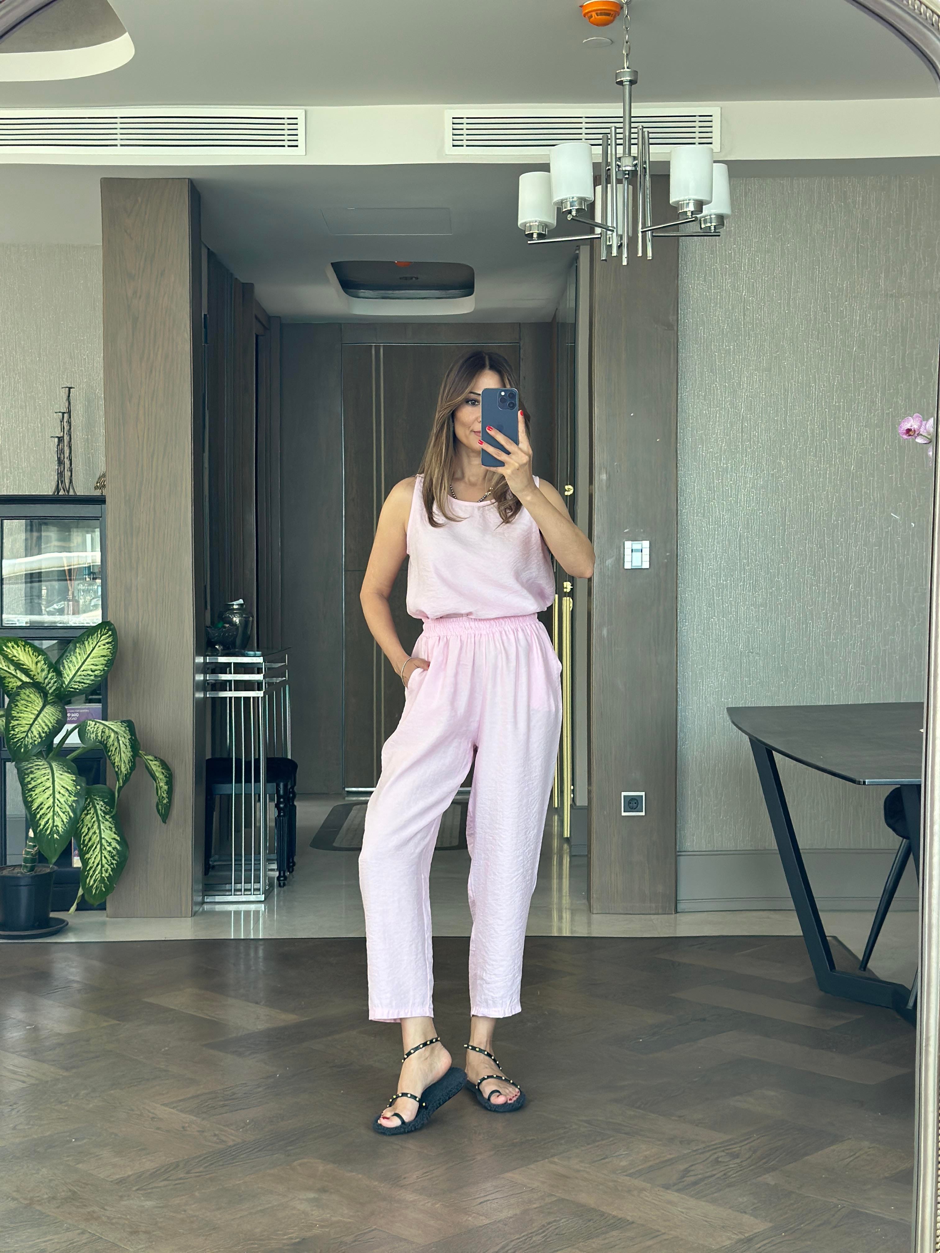 Pembe Tnsl Sıfır Kol Bluz Pantolon Alt Üst Takım