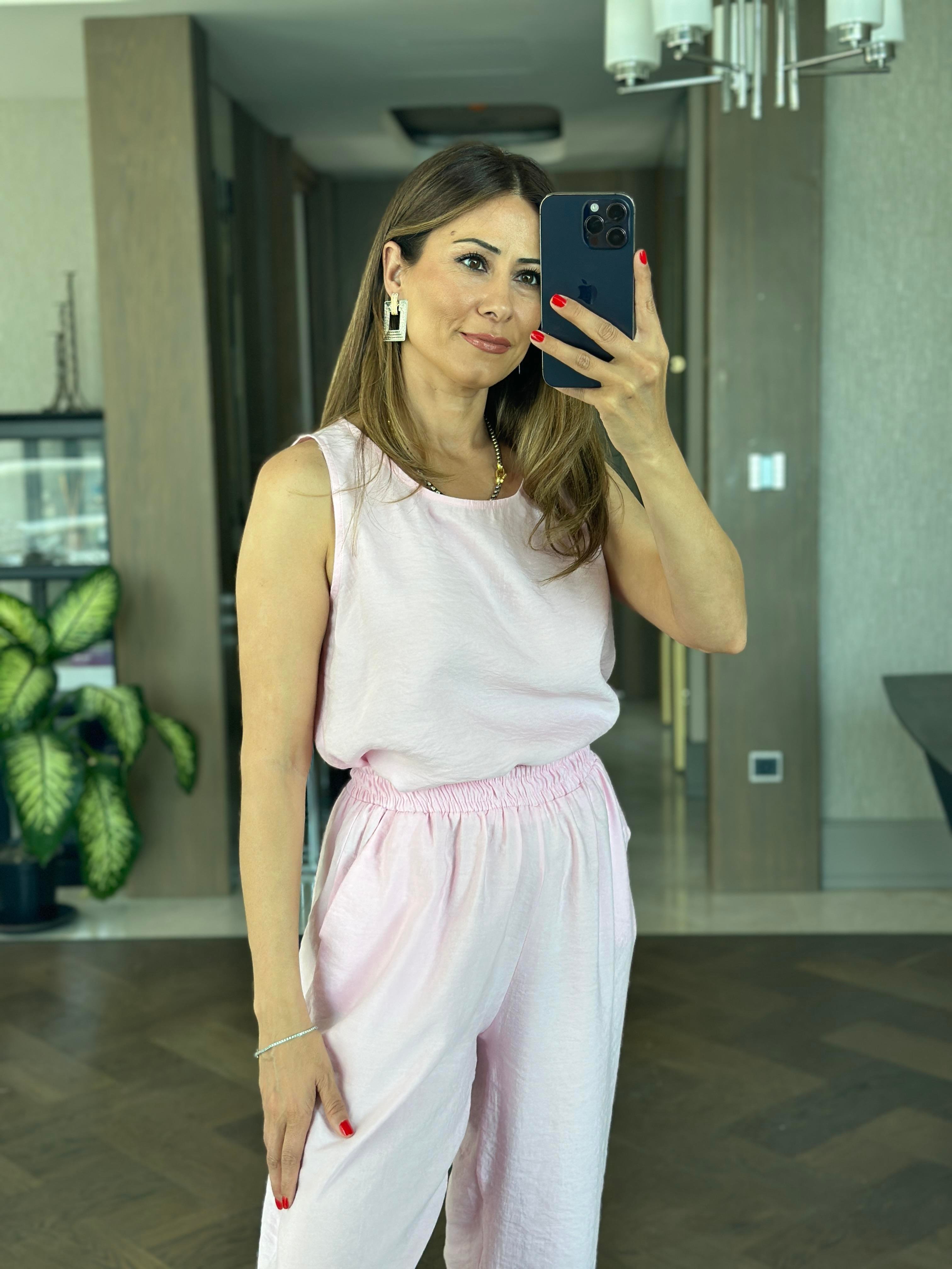 Pembe Tnsl Sıfır Kol Bluz Pantolon Alt Üst Takım