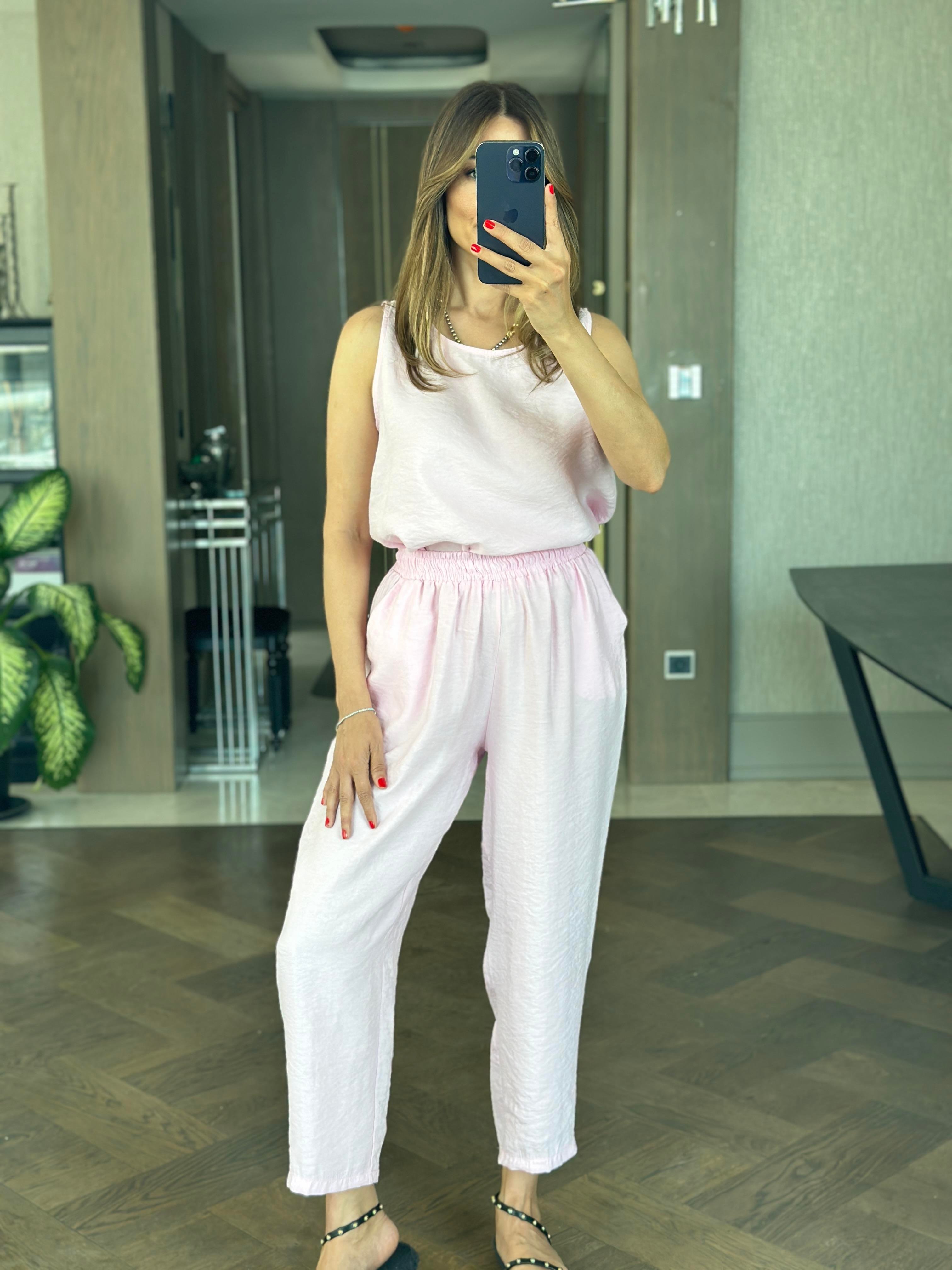 Pembe Tnsl Sıfır Kol Bluz Pantolon Alt Üst Takım