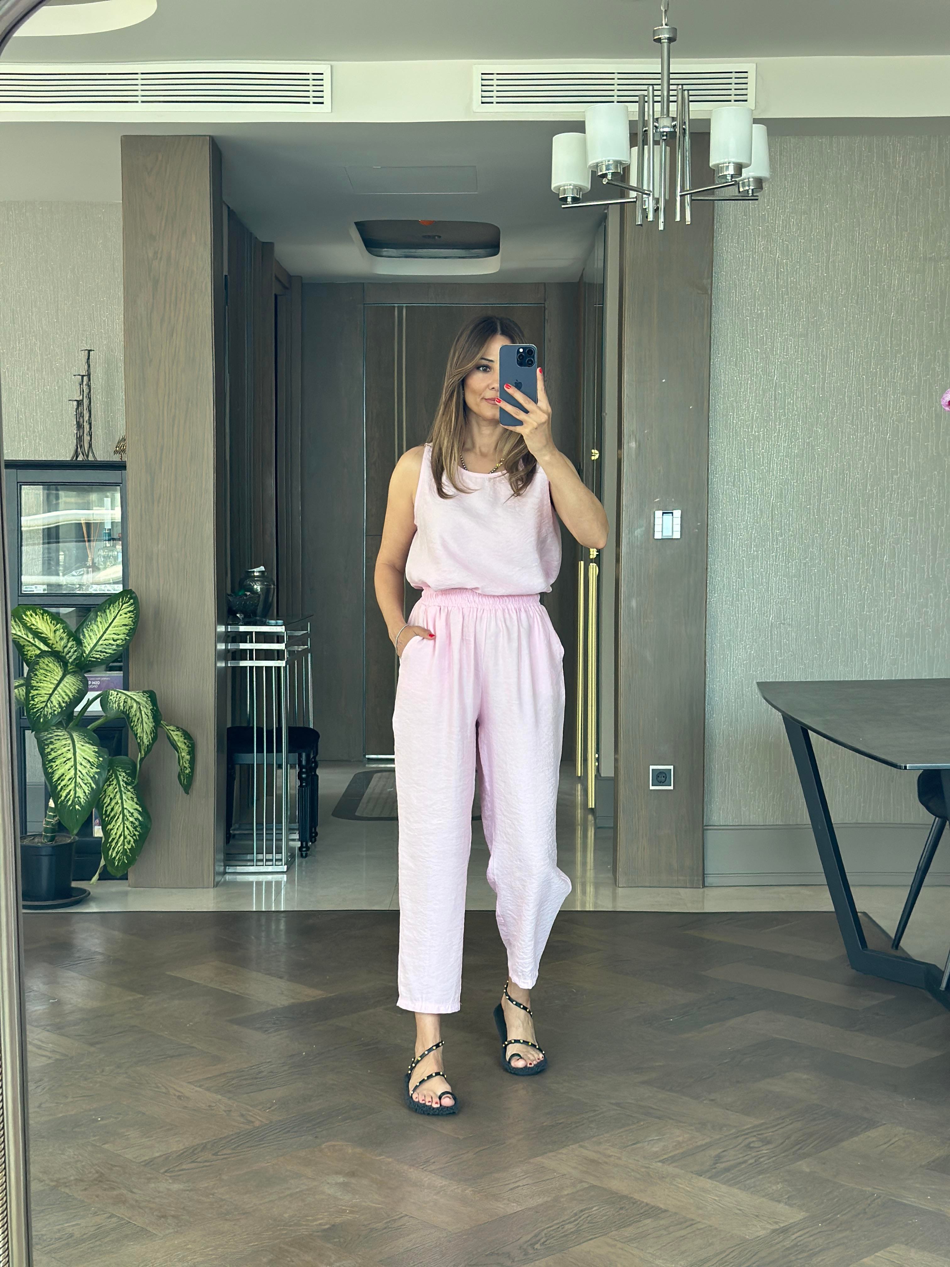 Pembe Tnsl Sıfır Kol Bluz Pantolon Alt Üst Takım