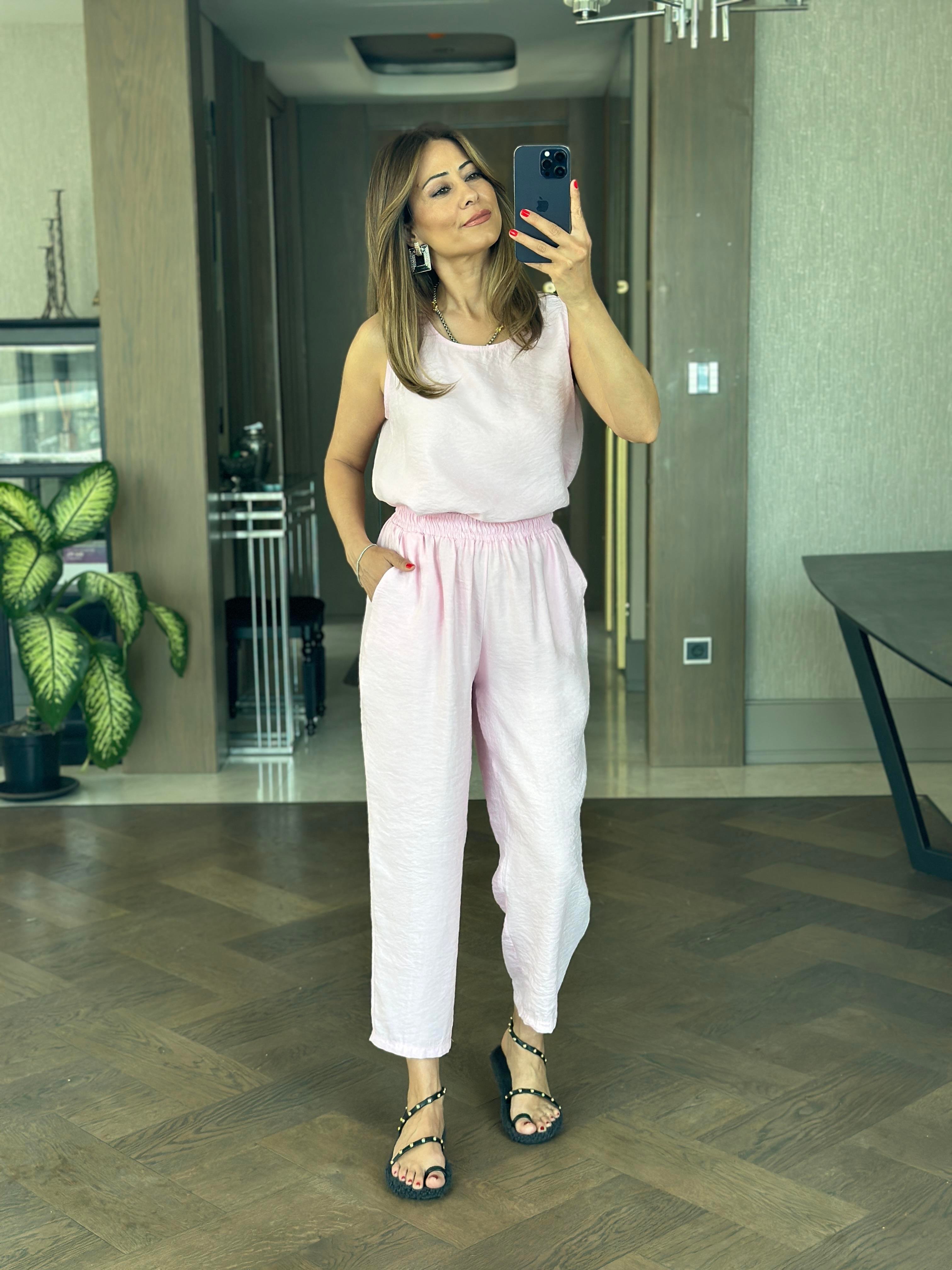 Pembe Tnsl Sıfır Kol Bluz Pantolon Alt Üst Takım