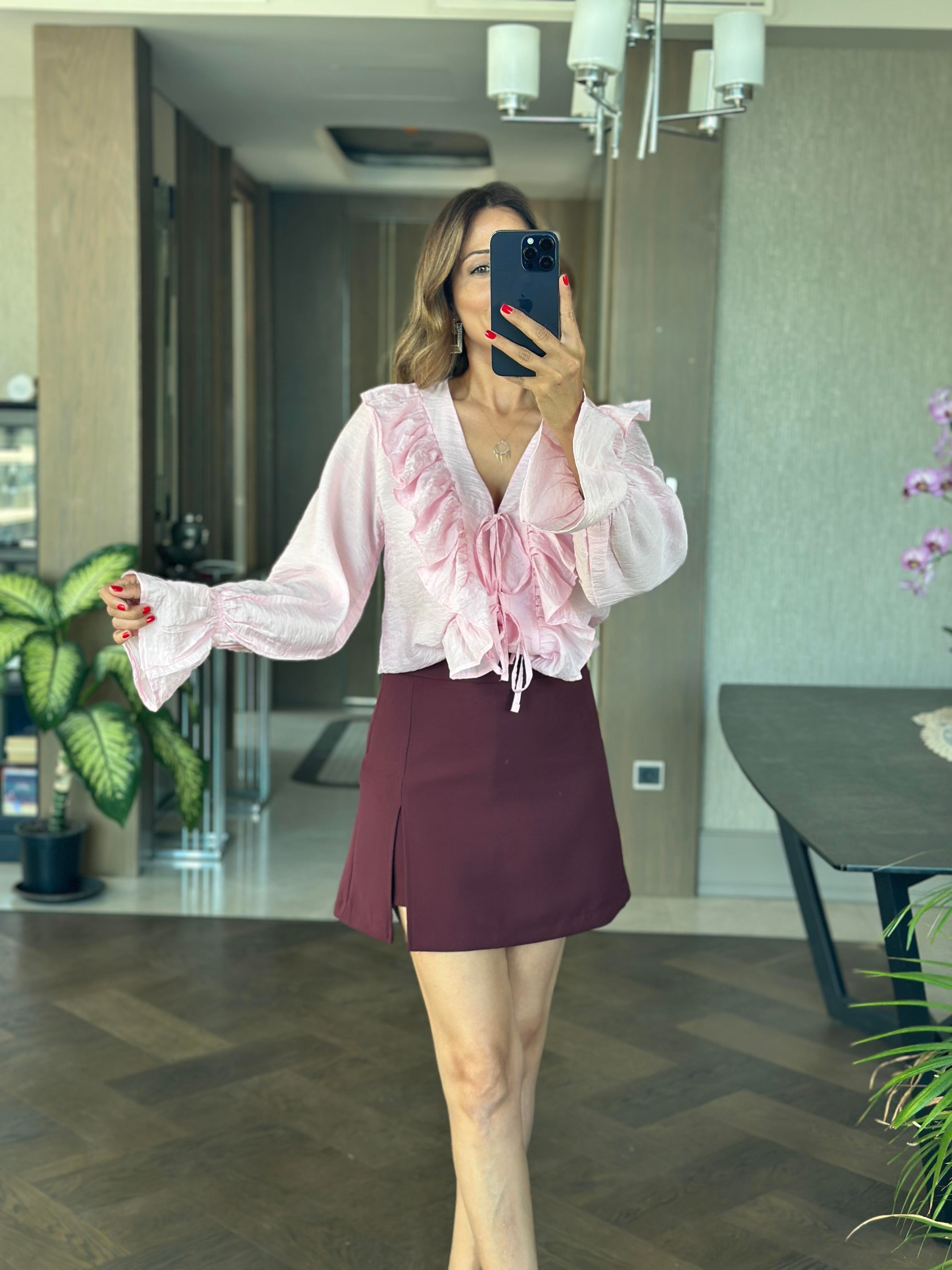 Pembe Uzun Kol Fırfır Detaylı Bağlamalı Kadın Bluz