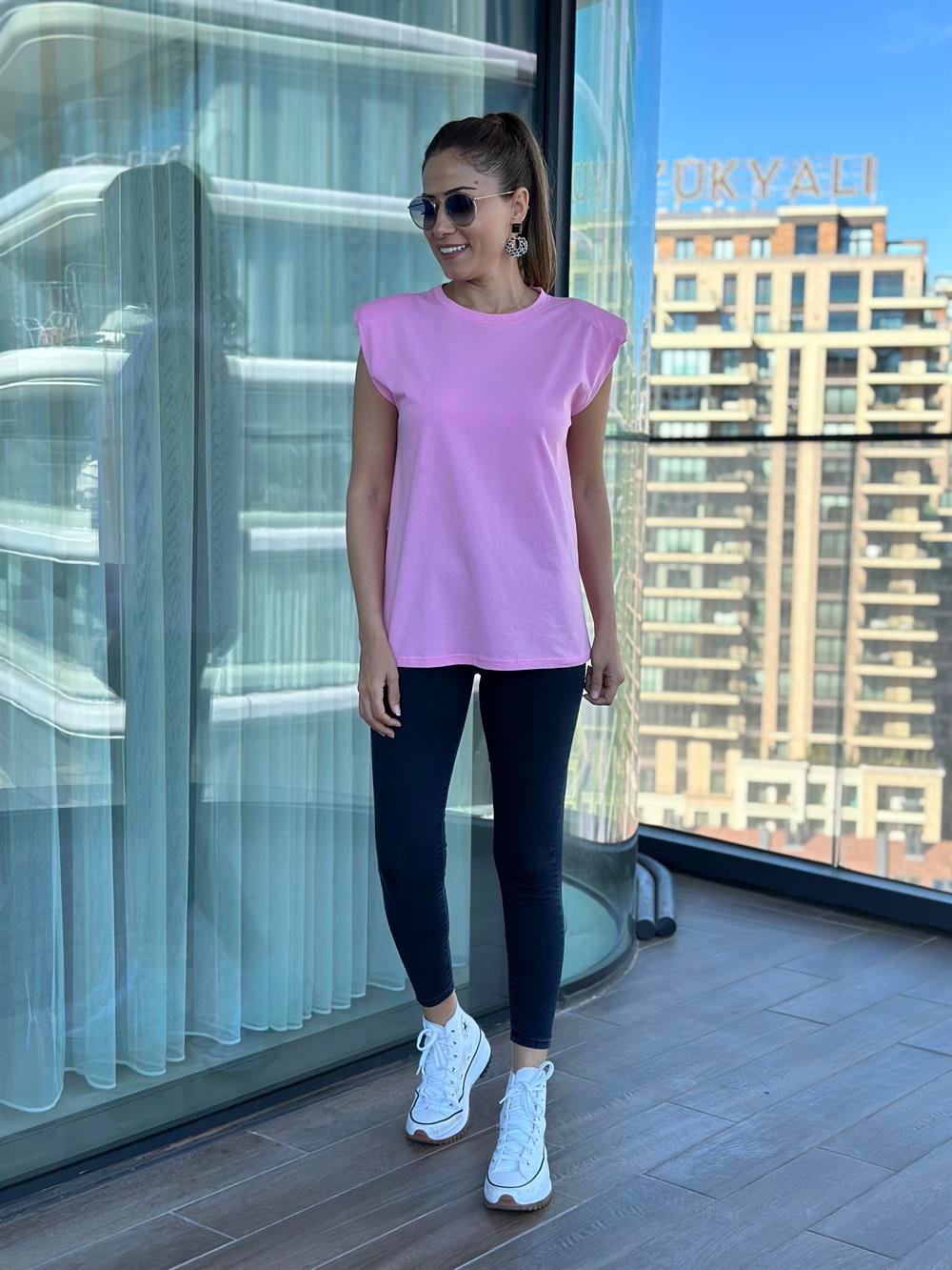 Pembe Vatkalı Basic Kadın T-Shirt