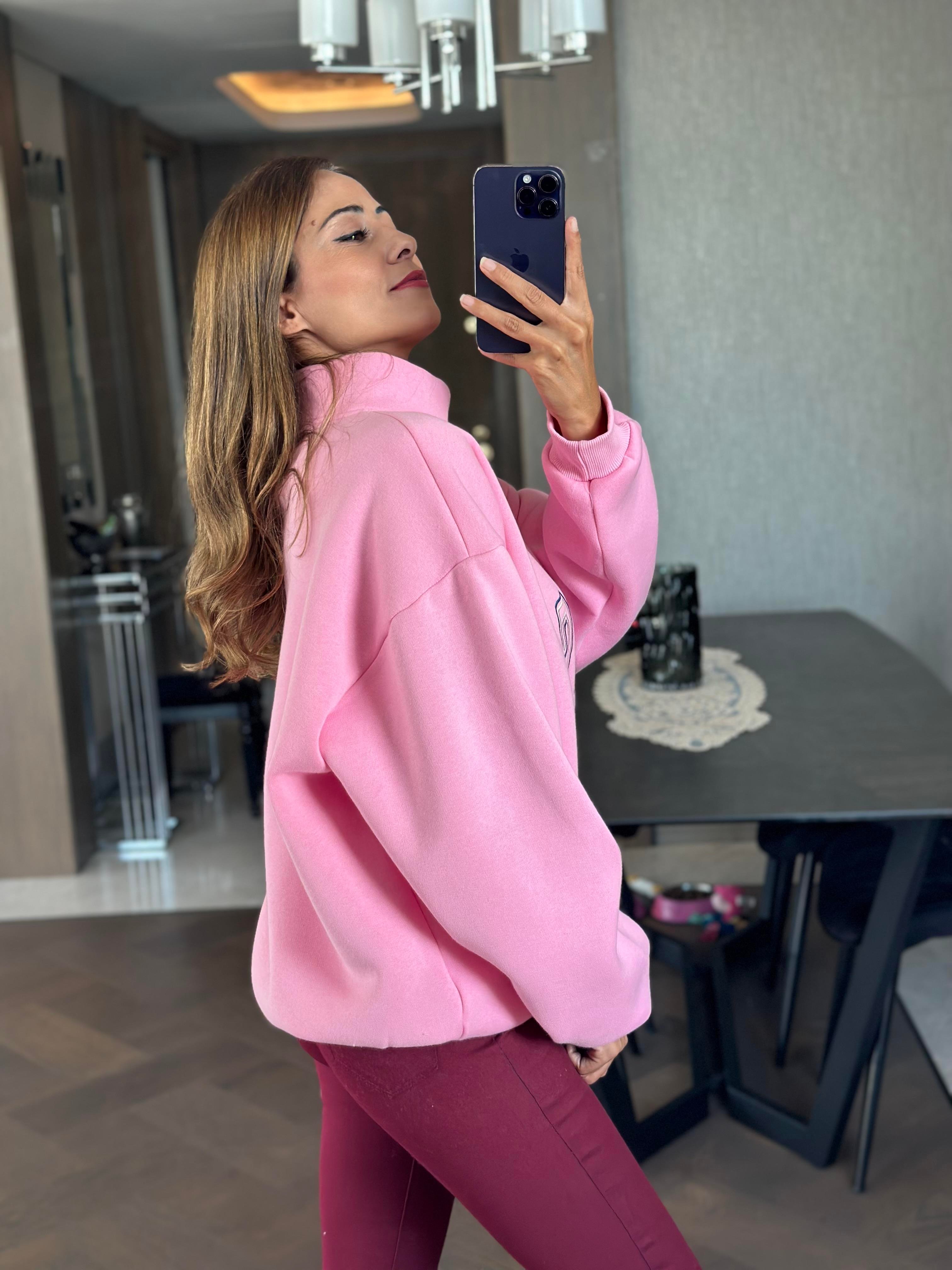 Pembe Yarım Fermuarlı NYC Baskılı Kadın Sweatshirt