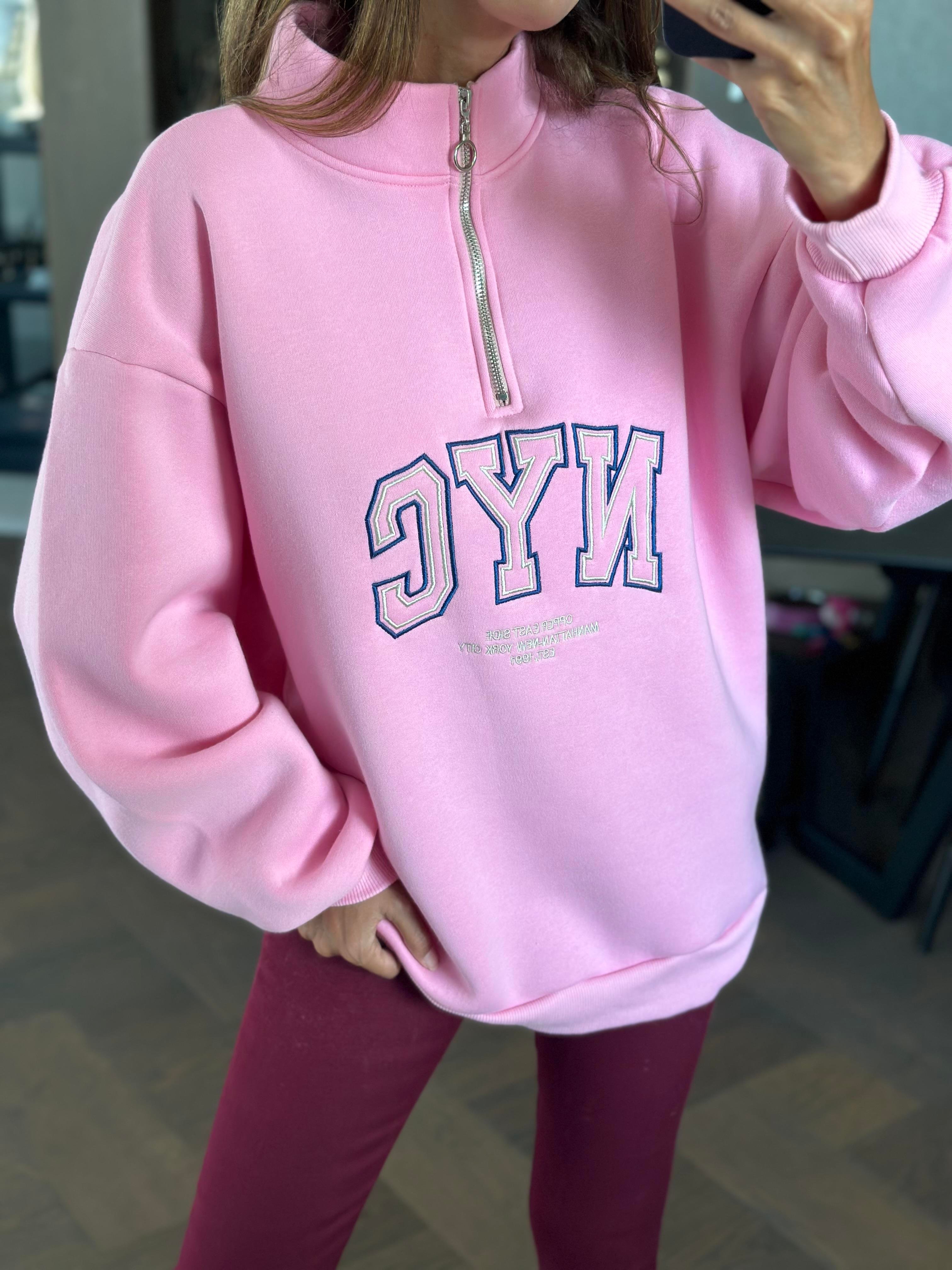 Pembe Yarım Fermuarlı NYC Baskılı Kadın Sweatshirt