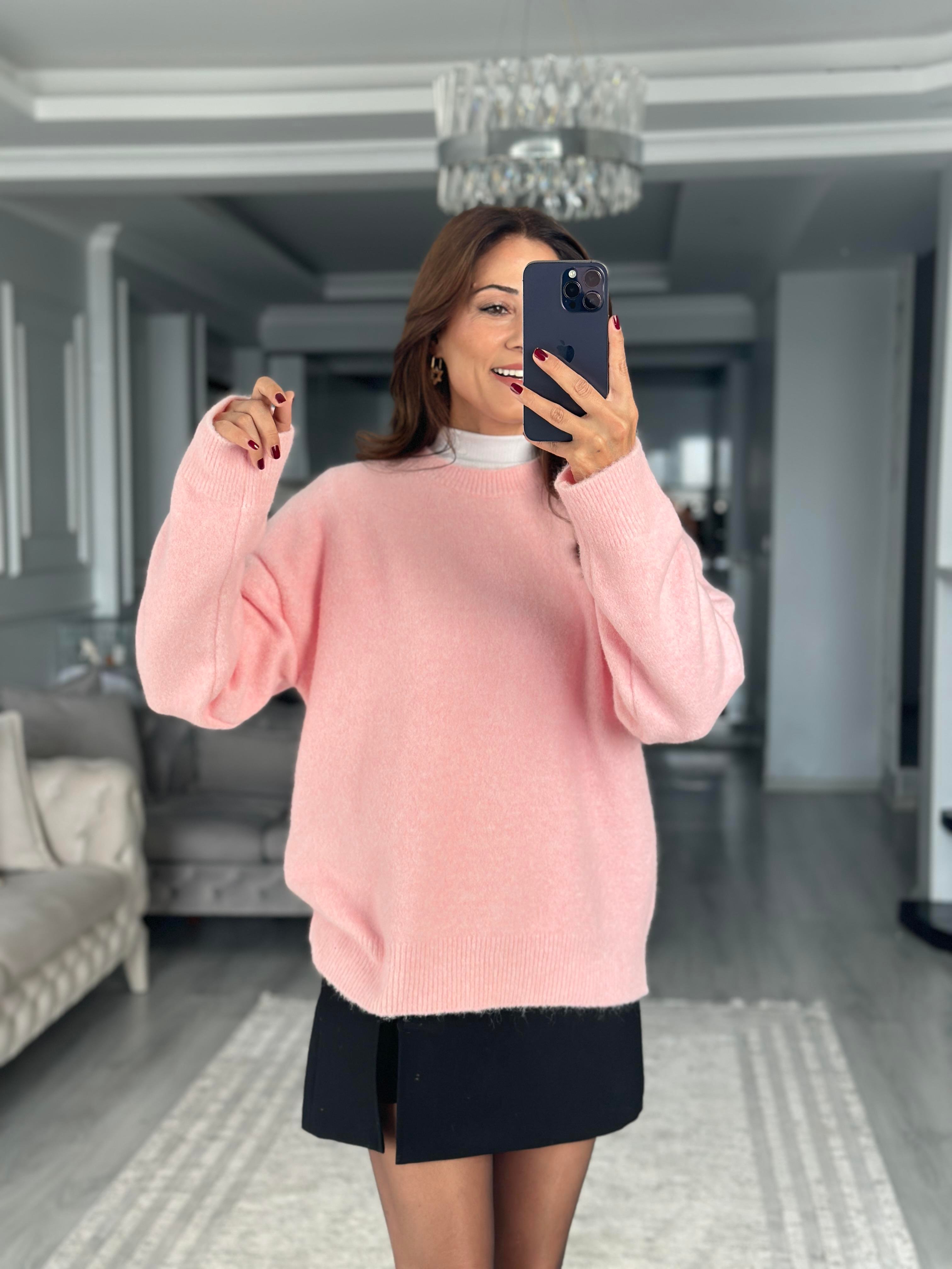 Pembe Yumoş Bisiklet Yaka Oversize Triko Kazak