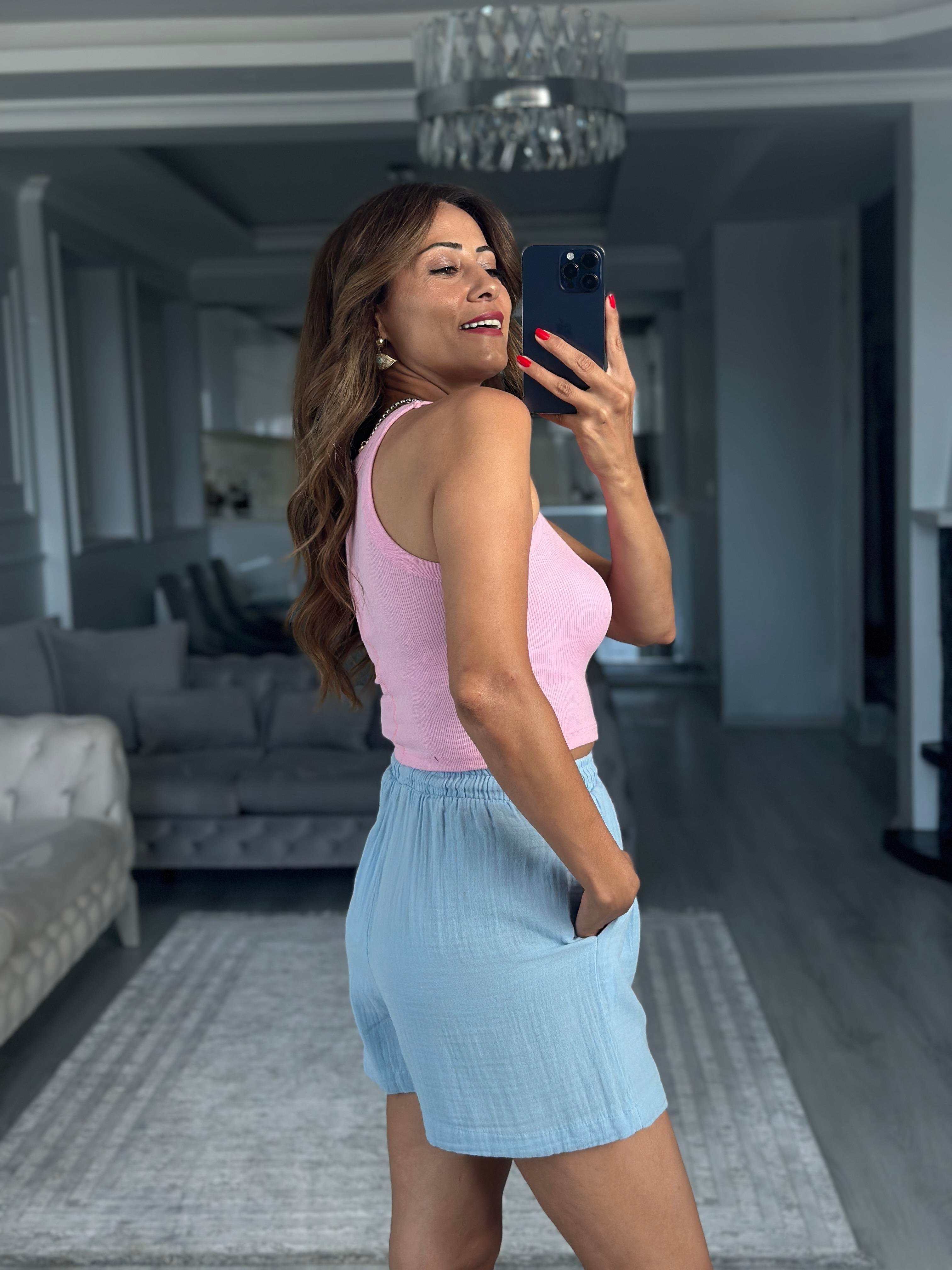 Pembe Yüzücü Yaka Crop Top Kadın Body