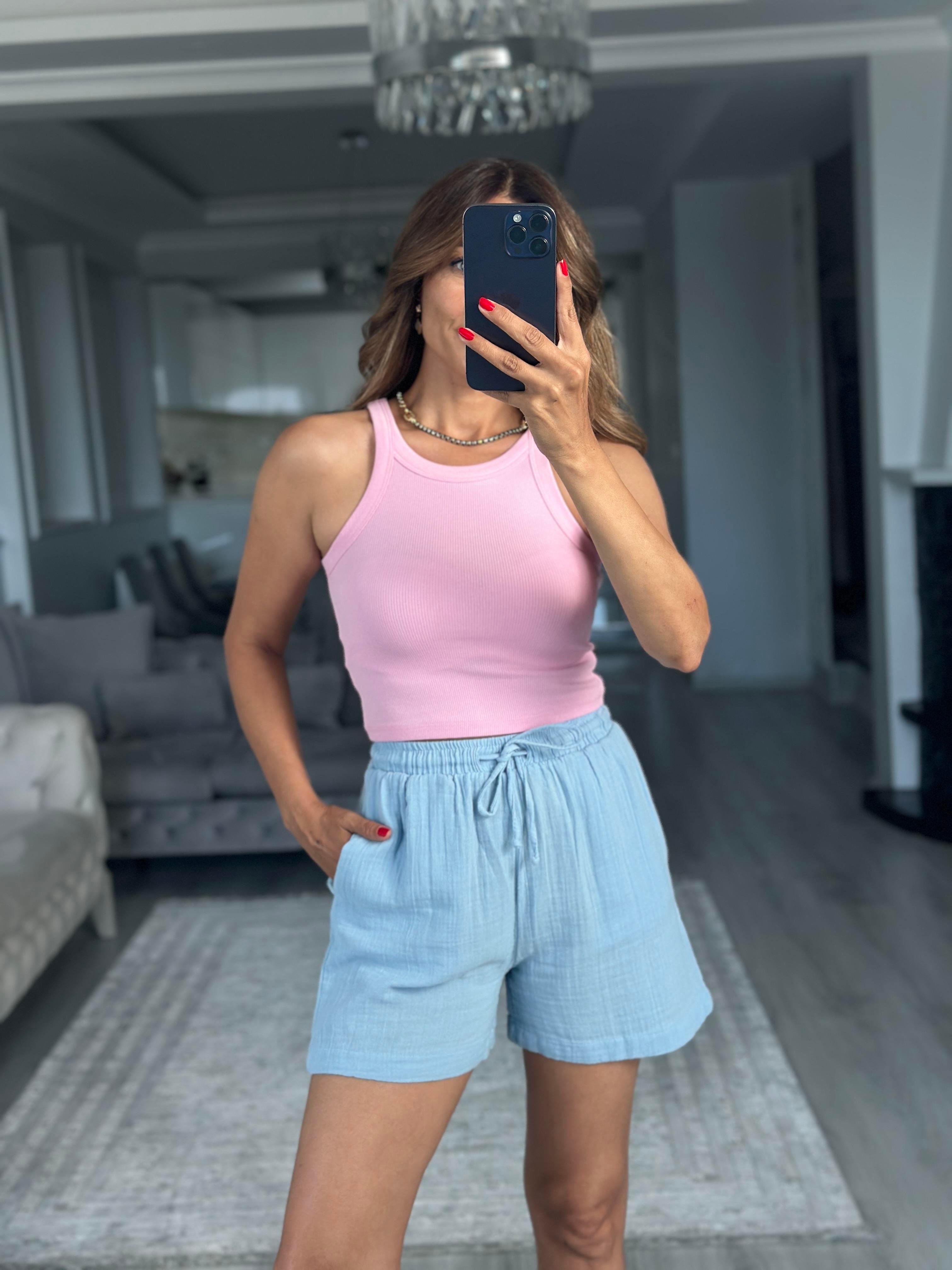 Pembe Yüzücü Yaka Crop Top Kadın Body