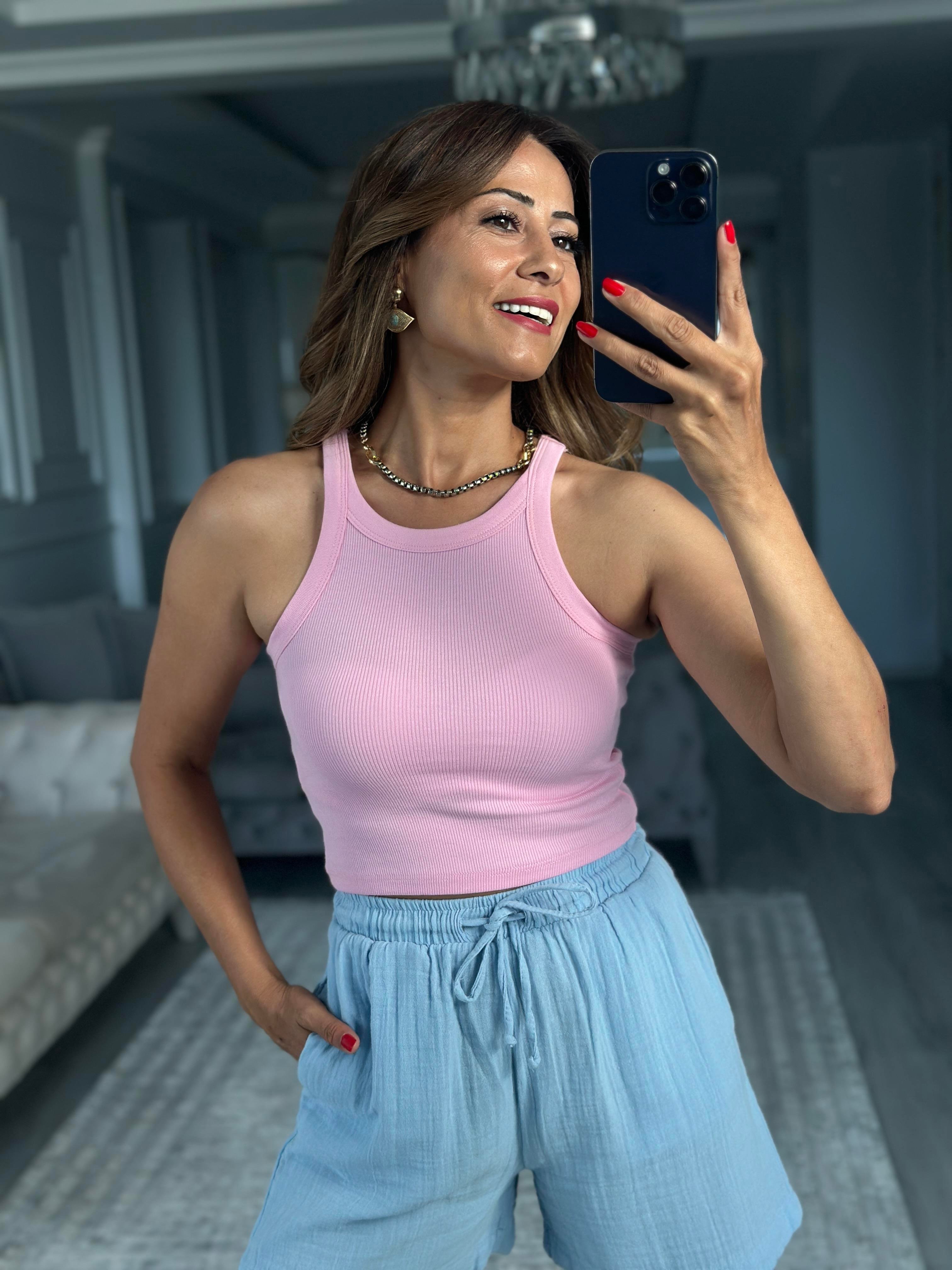 Pembe Yüzücü Yaka Crop Top Kadın Body