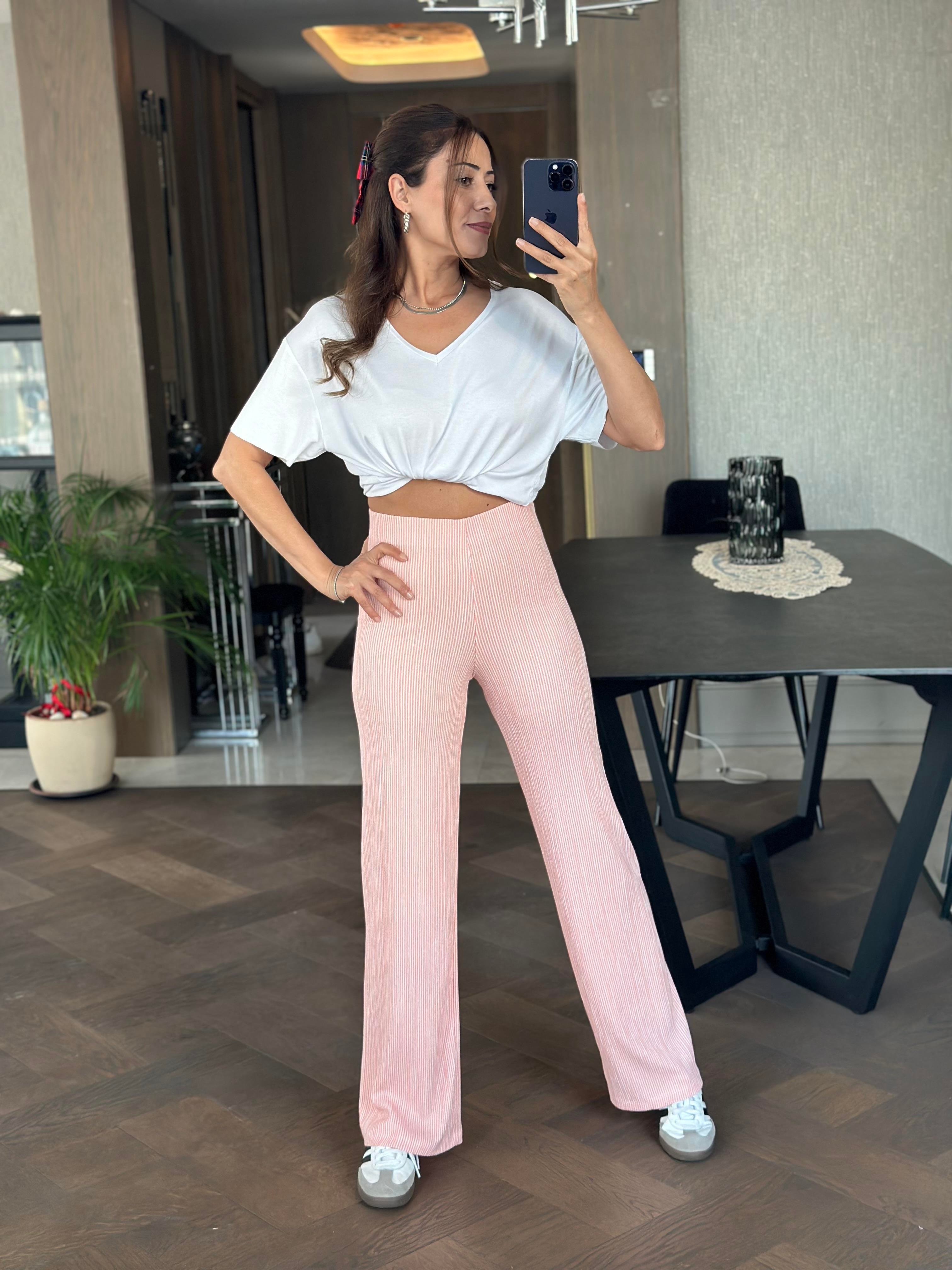 Pudra İnce Çizgili Beli Lastikli Bürümcük Kadın Pantolon