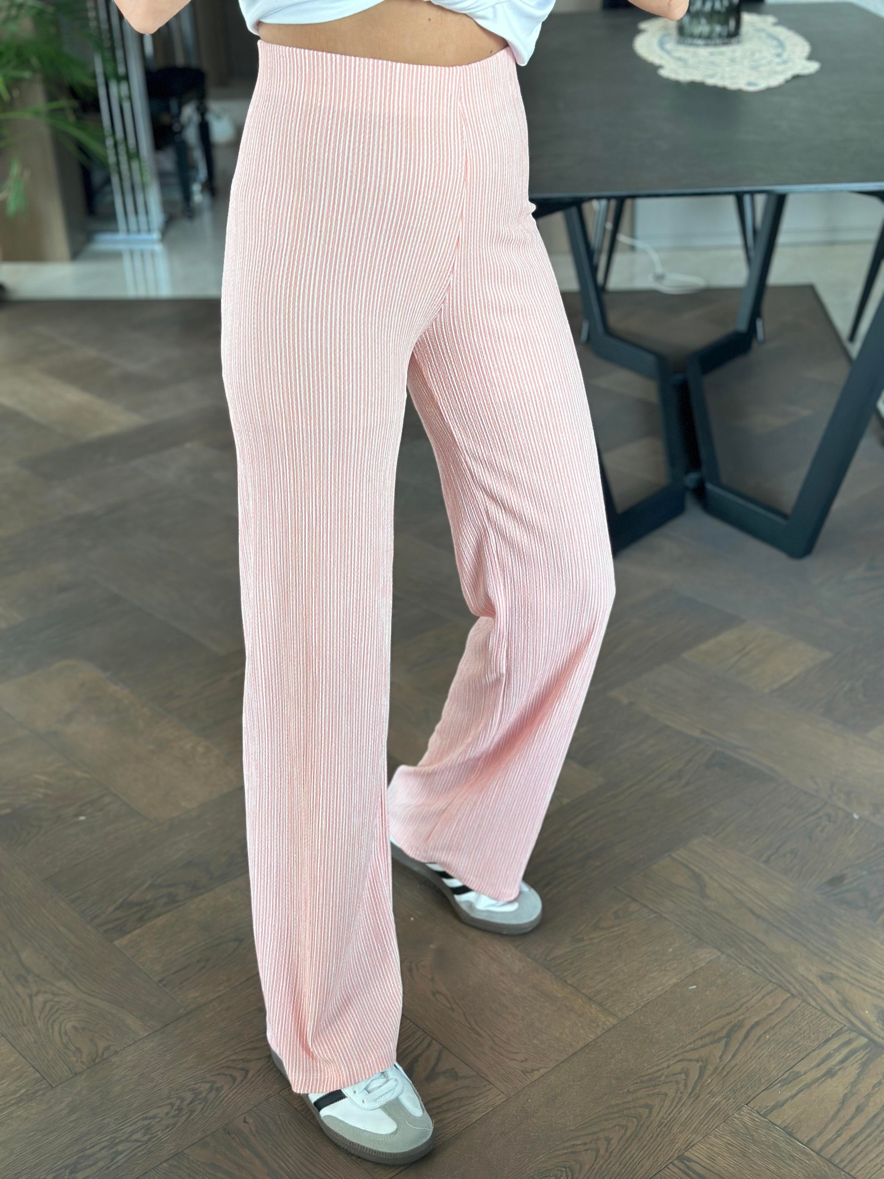 Pudra İnce Çizgili Beli Lastikli Bürümcük Kadın Pantolon