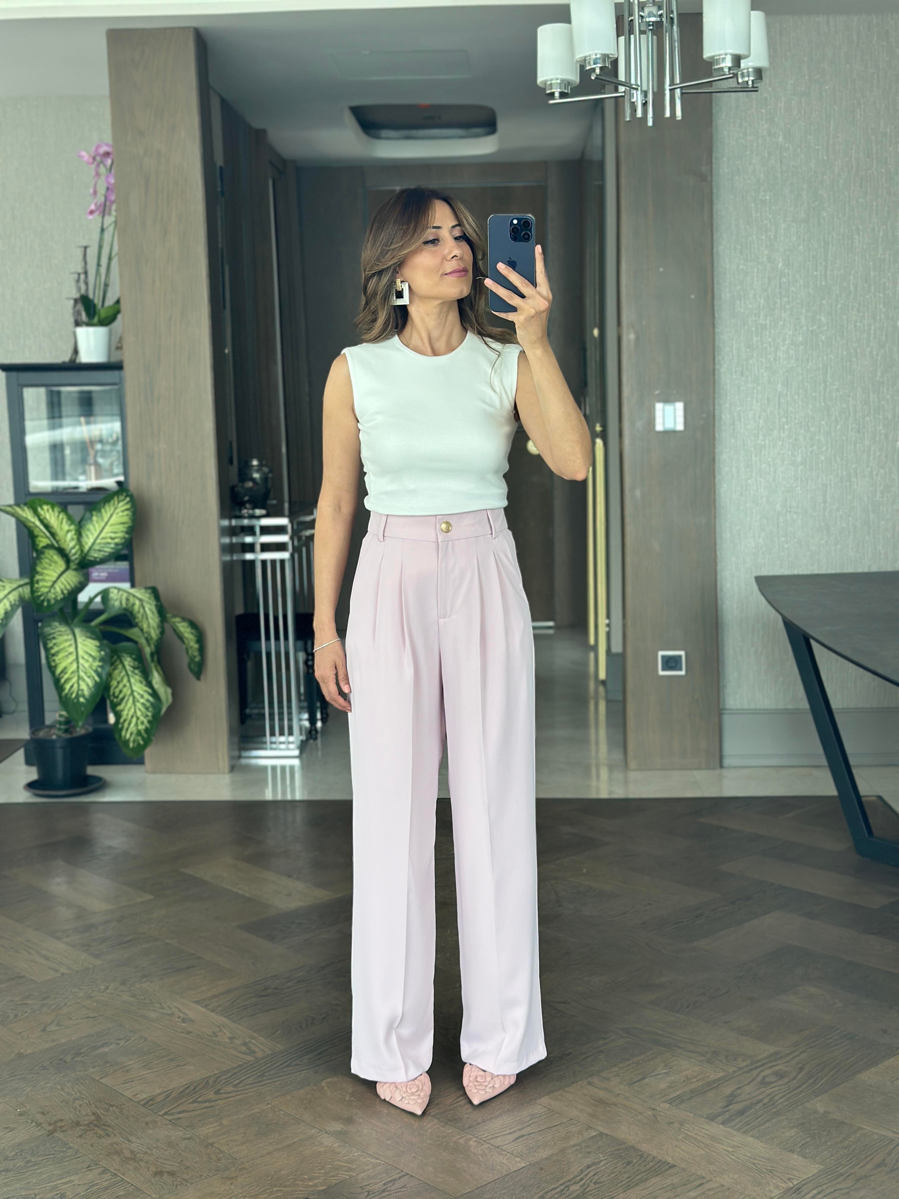 Pudra Karol Gold Düğmeli Arka Beli Lastikli Geniş Paça Kumaş Kadın Pantolon