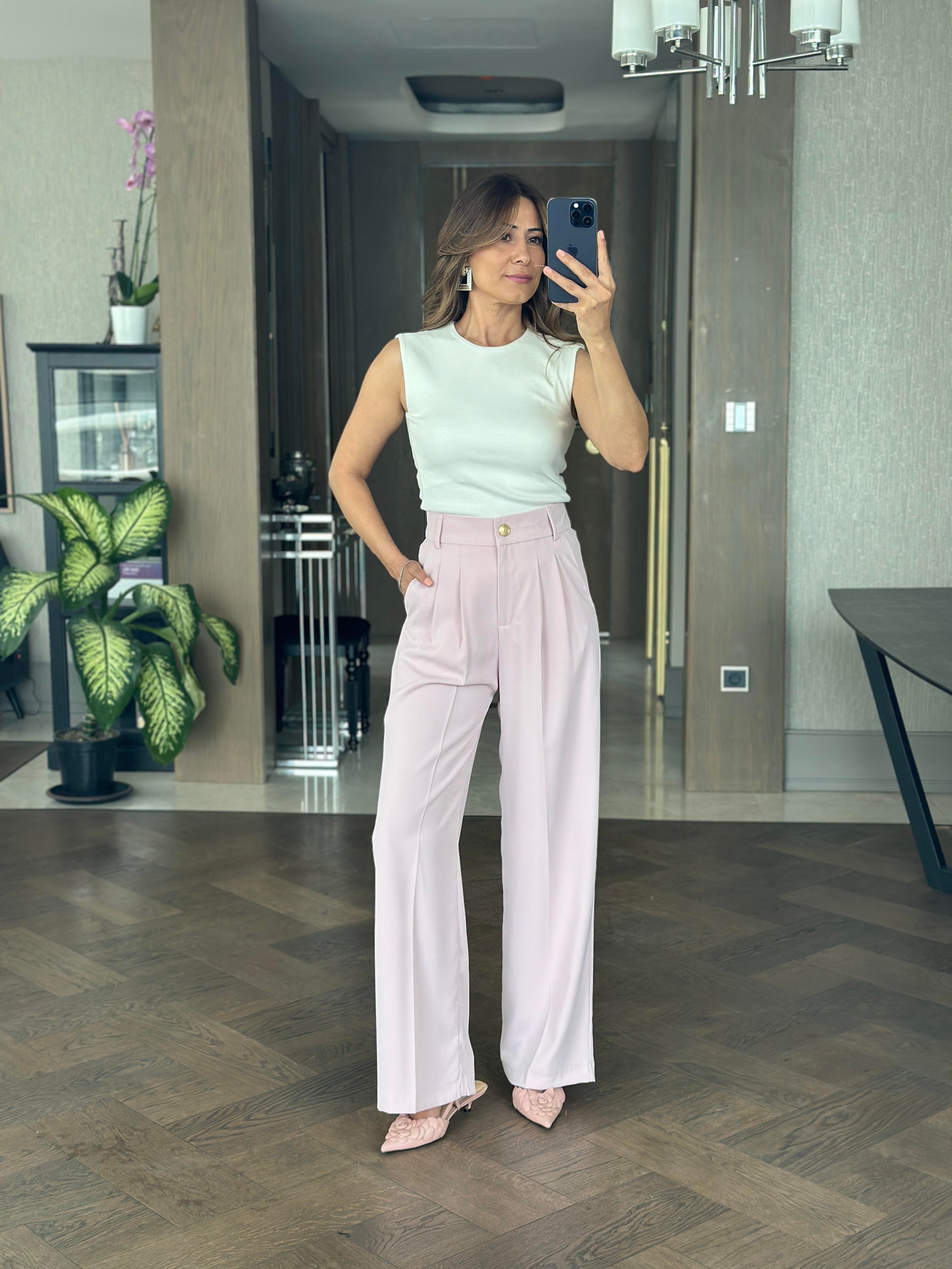 Pudra Karol Gold Düğmeli Arka Beli Lastikli Geniş Paça Kumaş Kadın Pantolon