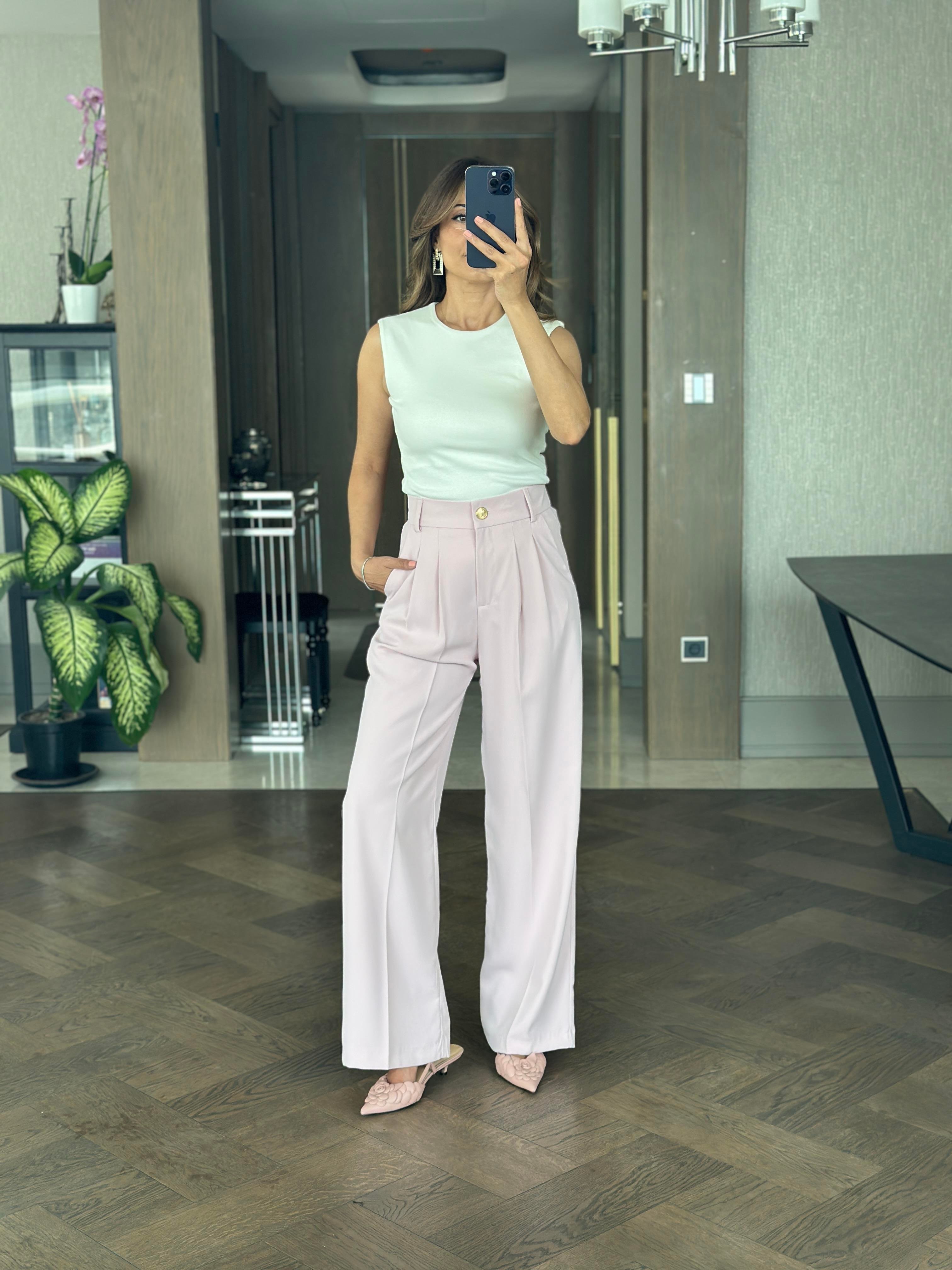 Pudra Karol Gold Düğmeli Arka Beli Lastikli Geniş Paça Kumaş Kadın Pantolon