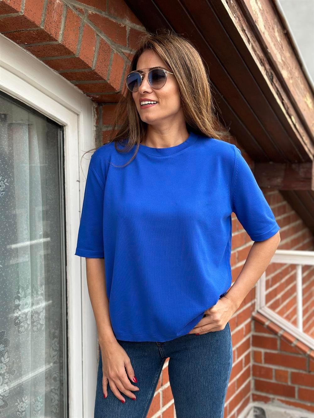 Saks Bisiklet Yaka Arka Damla Detay Kısa Kol Merserize Kadın Bluz