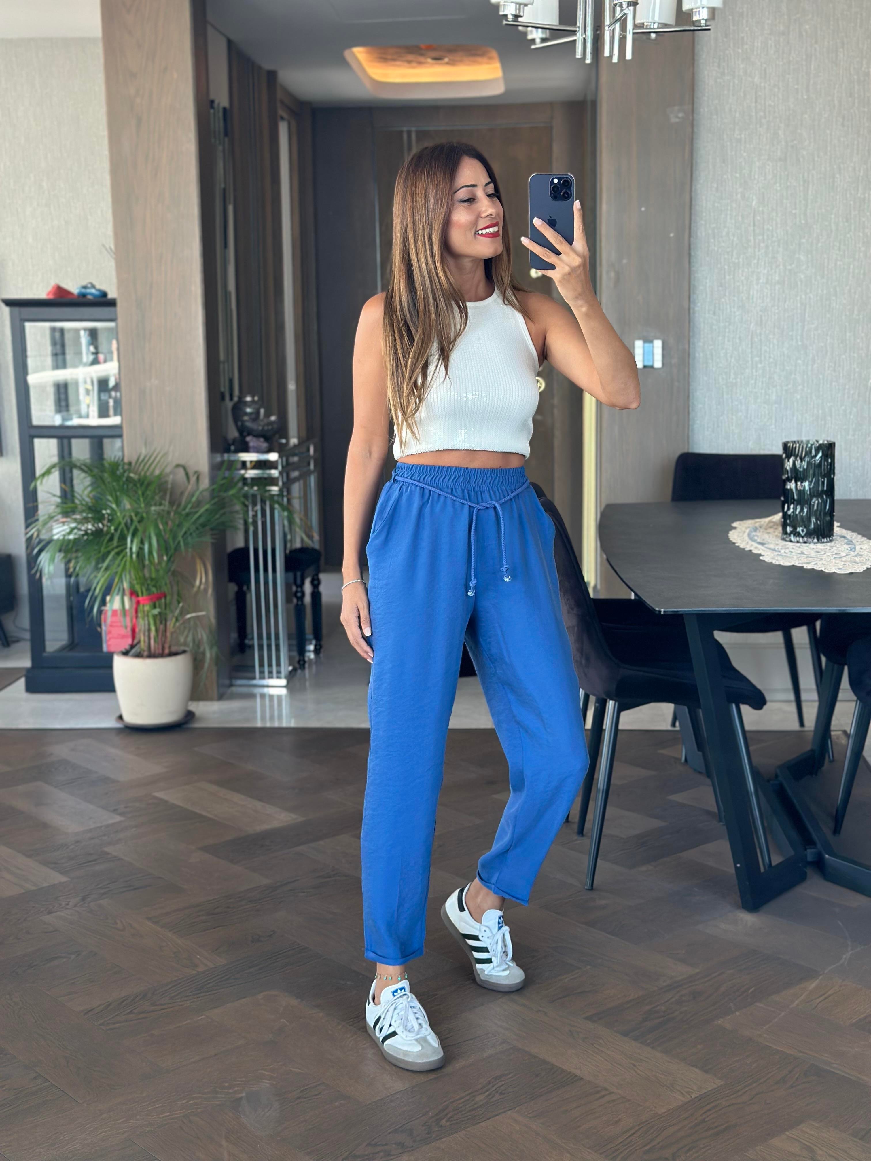 Saks Duble Paça Örgü Kemerli Tnsel Kadın Pantolon