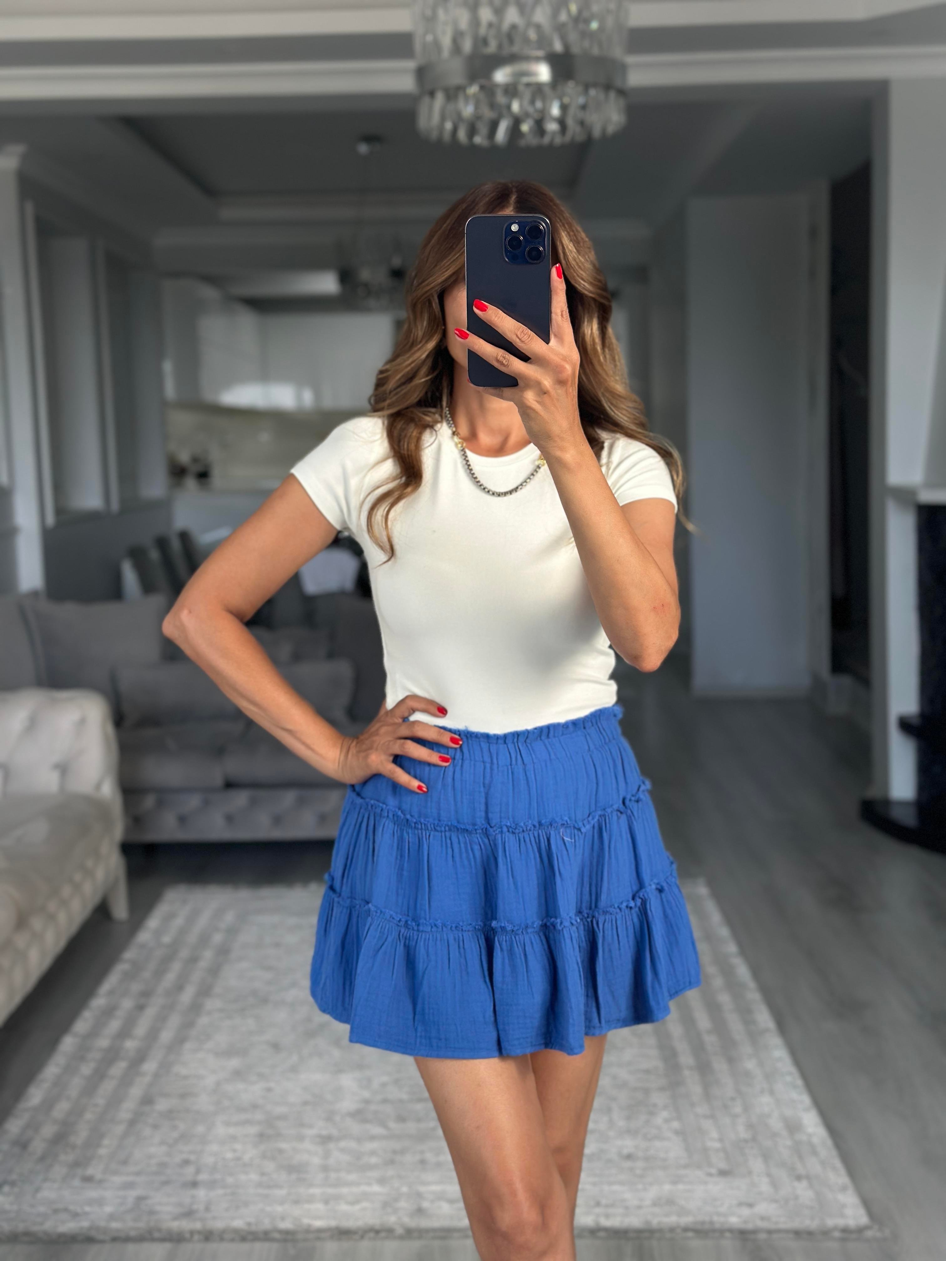 Saks Müslin Kumaş İçi Şortlu Kadın Mini Etek