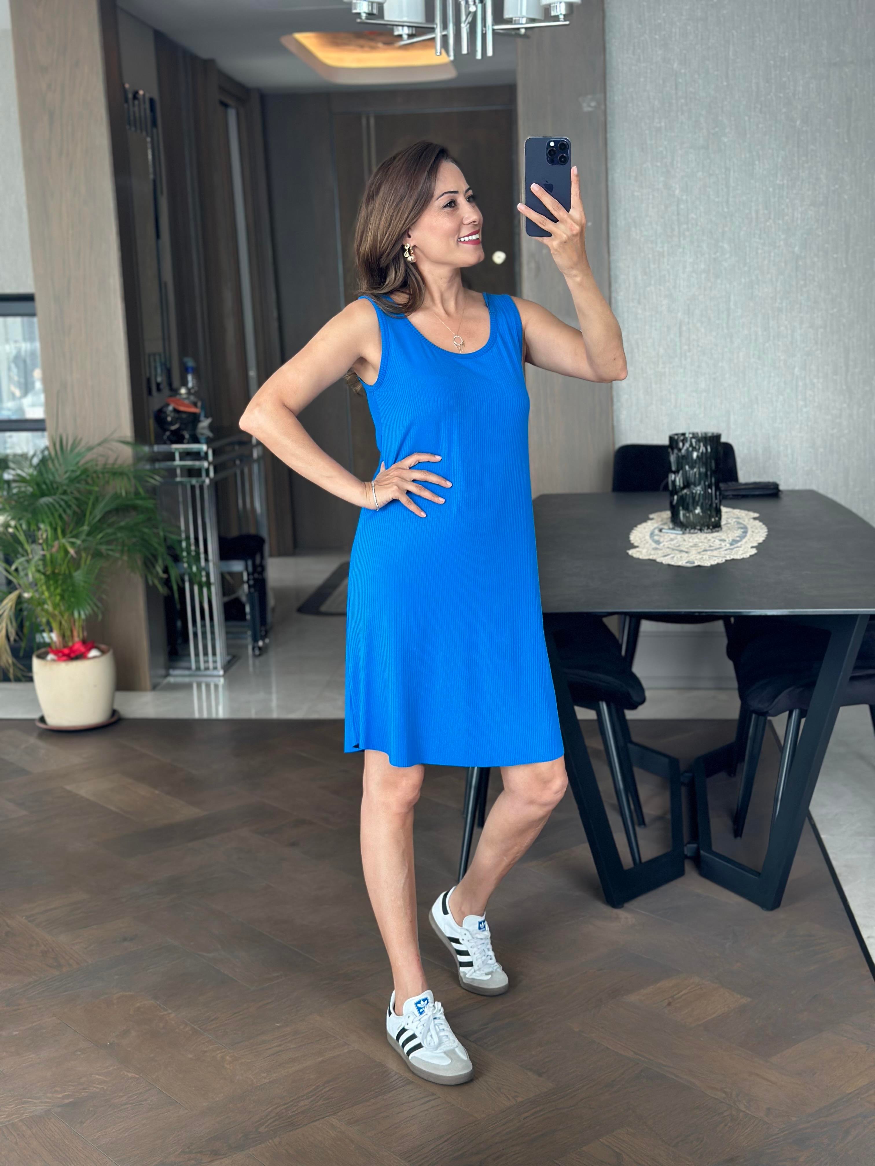 Saks Ön Arka U Yaka Kalın Askılı Kaşkorse Kadın Elbise 