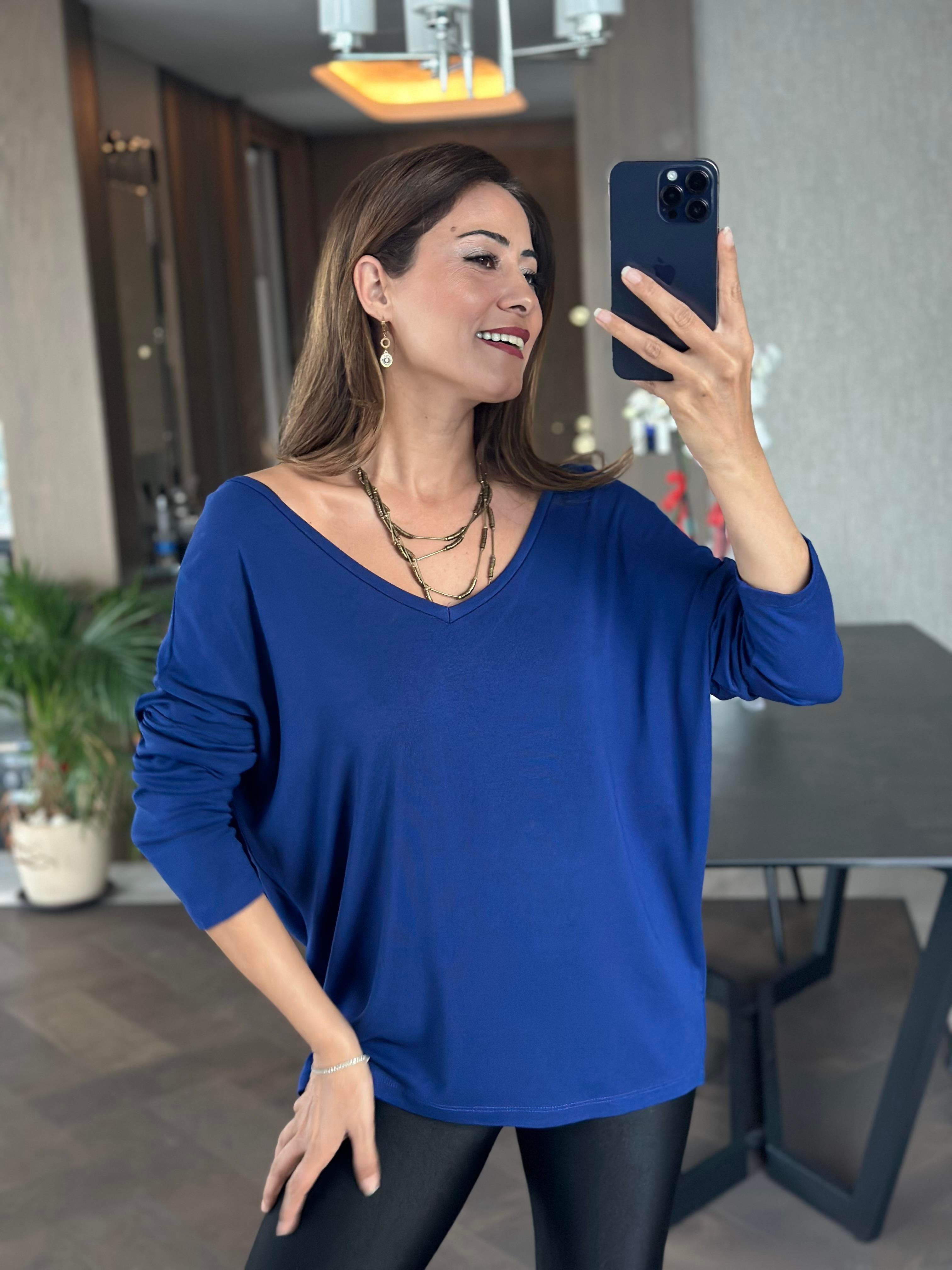 Saks Ön Arka V Yaka Uzun Kol Kadın Bluz