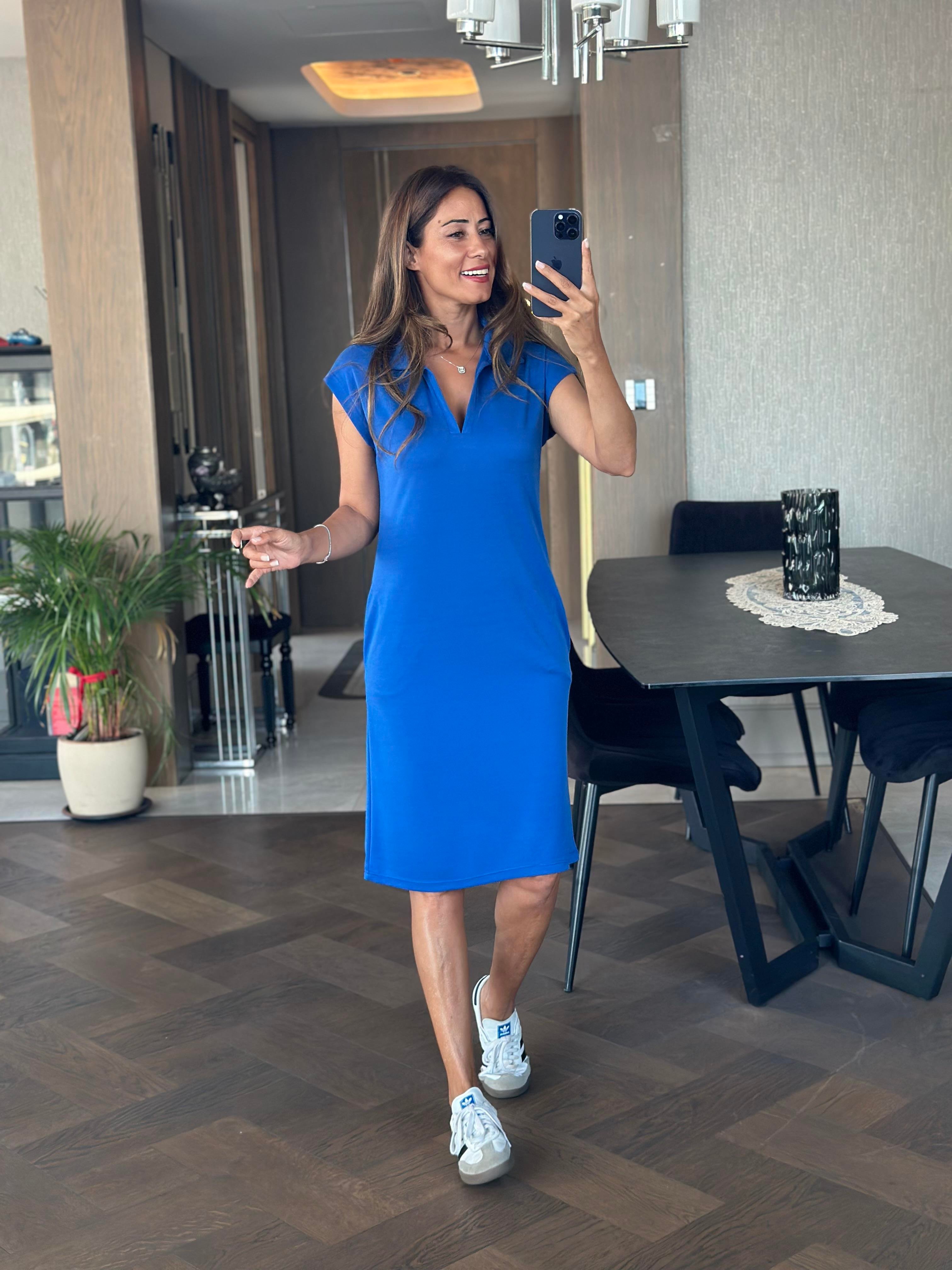 Saks Oysh Polo Yaka Sıfır Kol Modal Midi Boy Kadın Elbise 