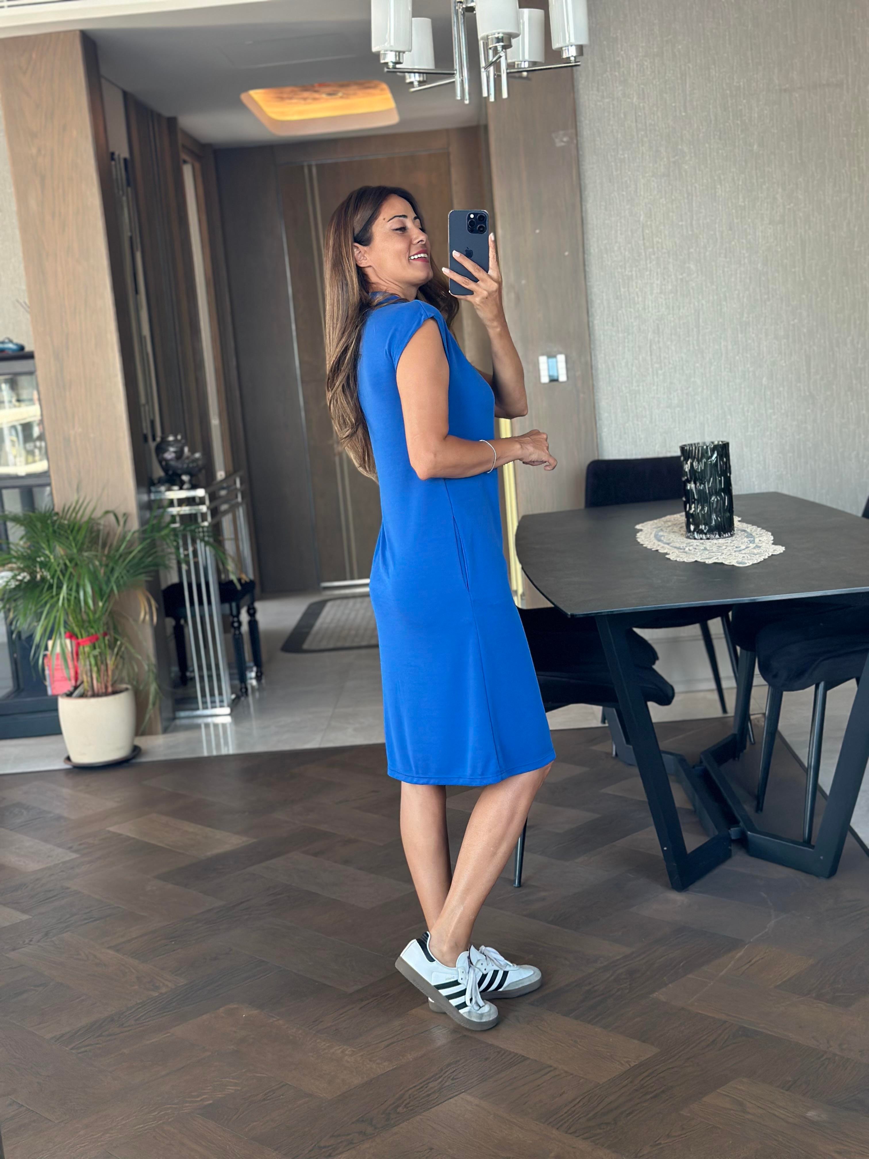 Saks Oysh Polo Yaka Sıfır Kol Modal Midi Boy Kadın Elbise 