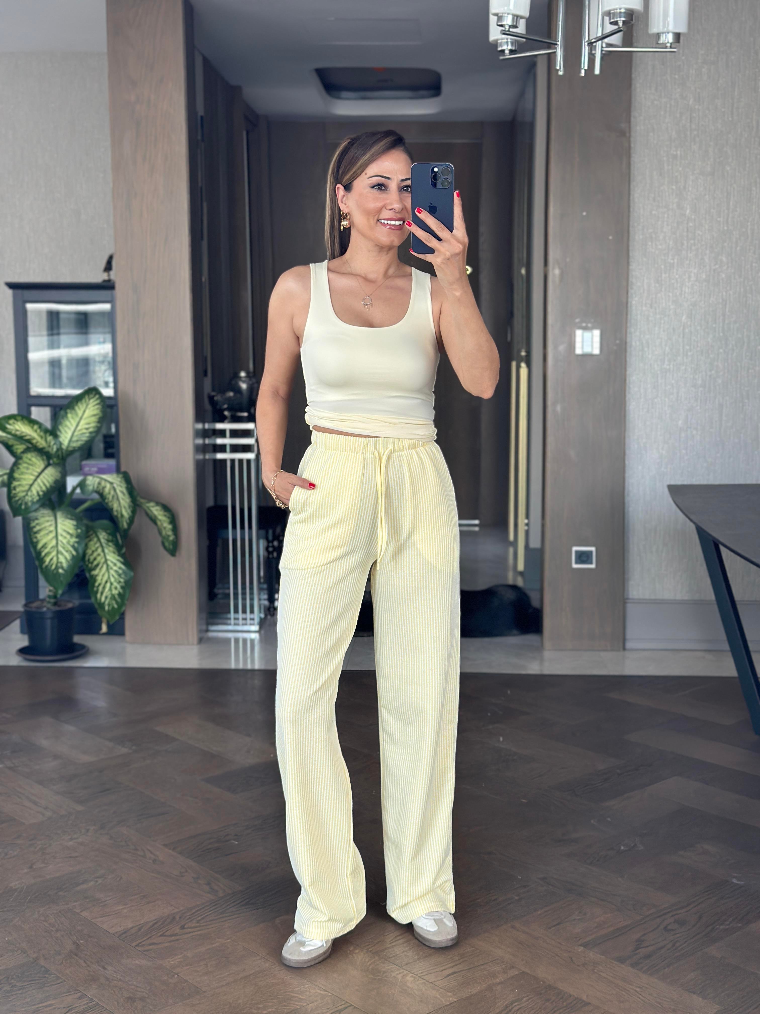 Sarı Çizgili Melanj Beli Lastikli Kadın Pantolon