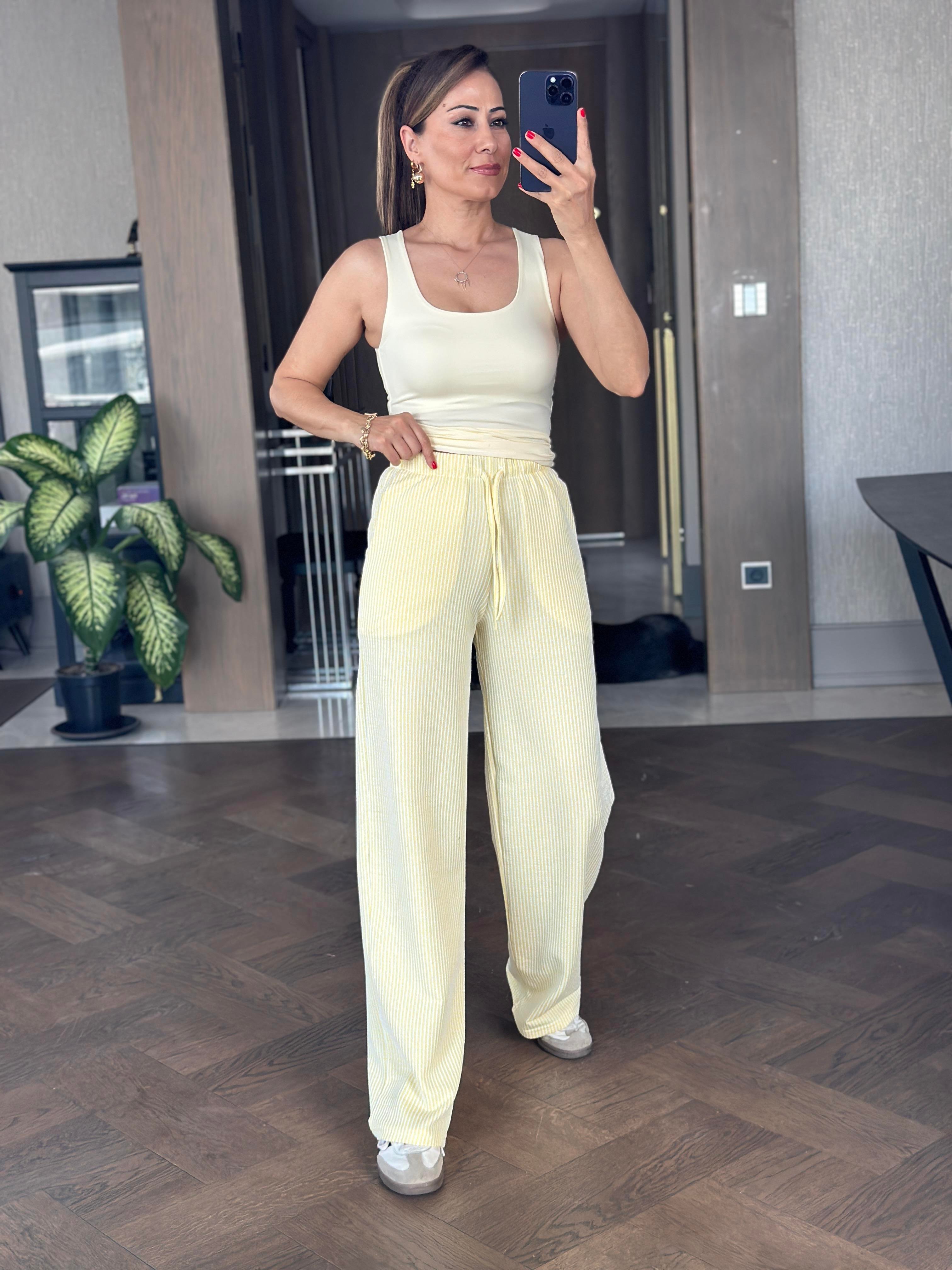 Sarı Çizgili Melanj Beli Lastikli Kadın Pantolon