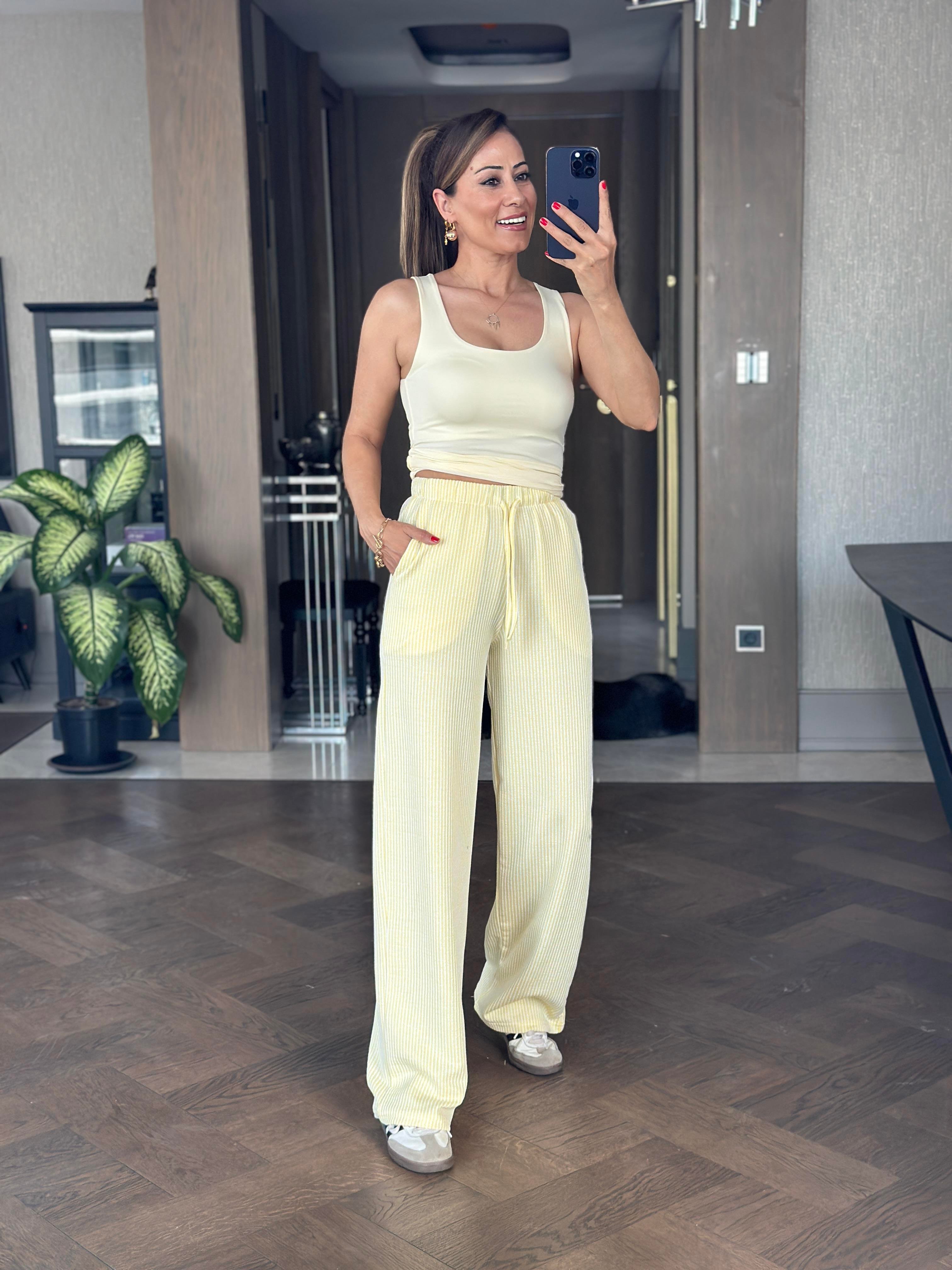 Sarı Çizgili Melanj Beli Lastikli Kadın Pantolon