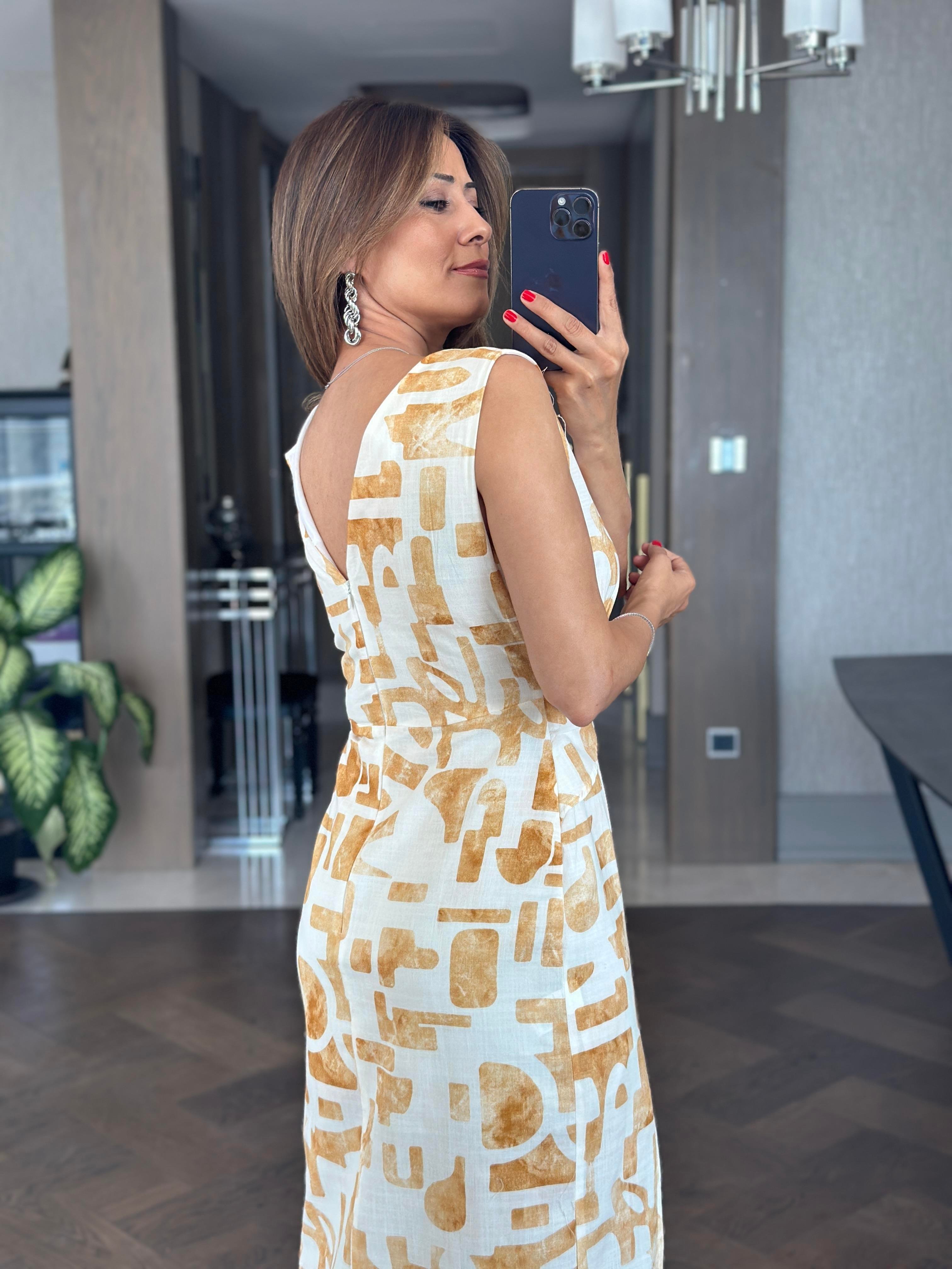 Sarı Desenli Beli Dekolteli Sıfır Kol Keten Kadın Maksi Boy Elbise