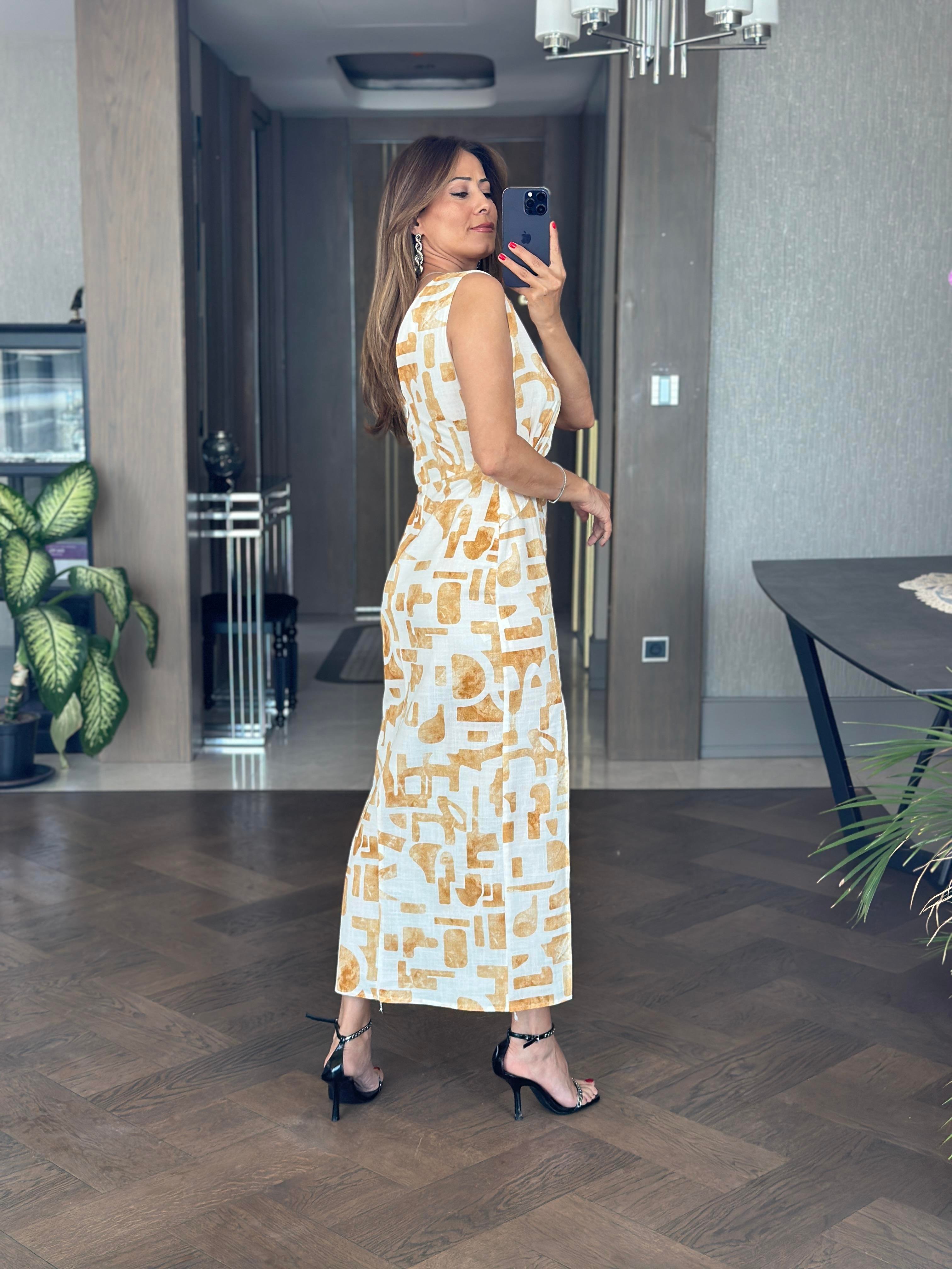 Sarı Desenli Beli Dekolteli Sıfır Kol Keten Kadın Maksi Boy Elbise