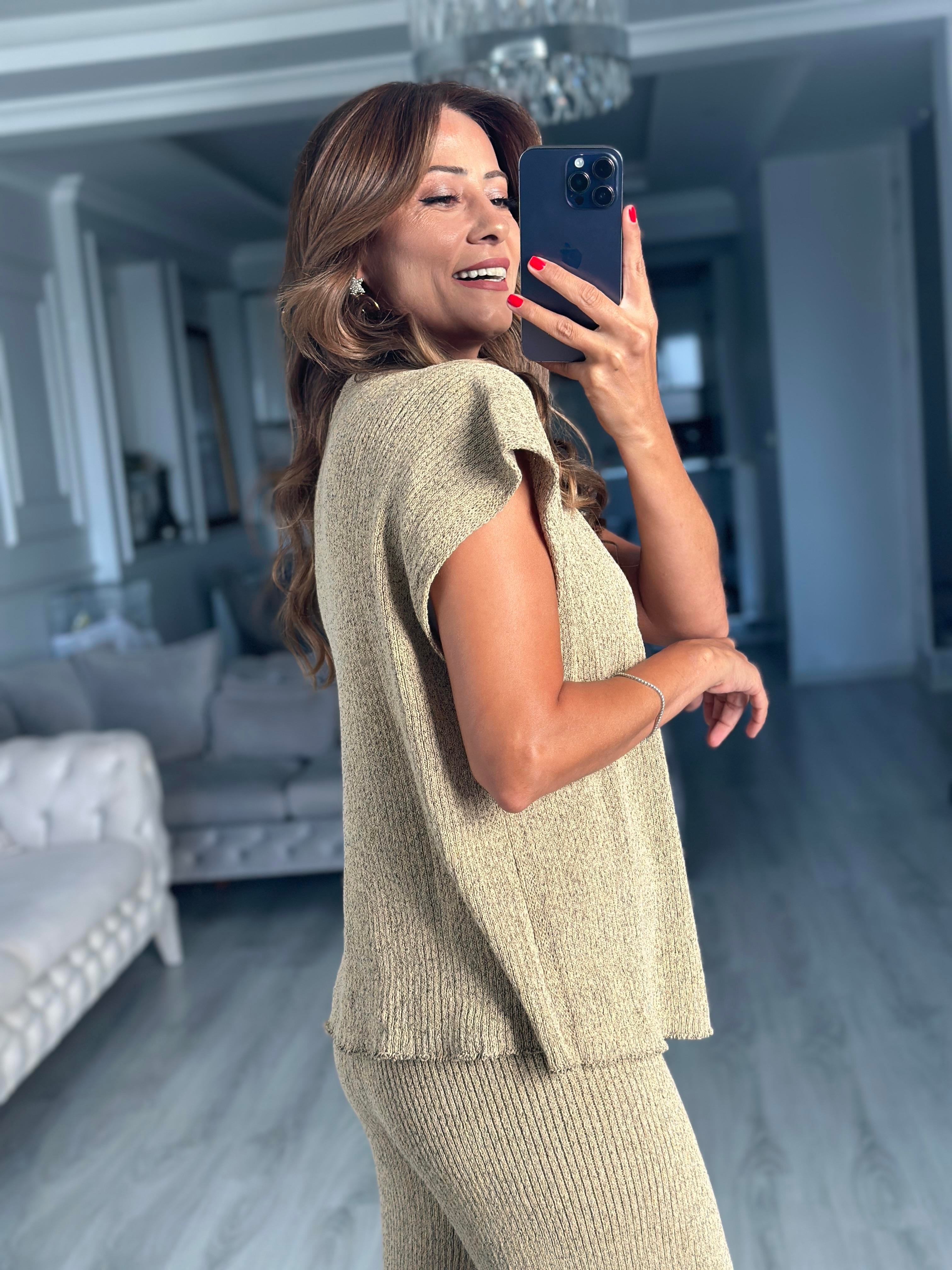 Sarı Düşük Kol Bluz Pantolon Kadın Triko İkili Takım