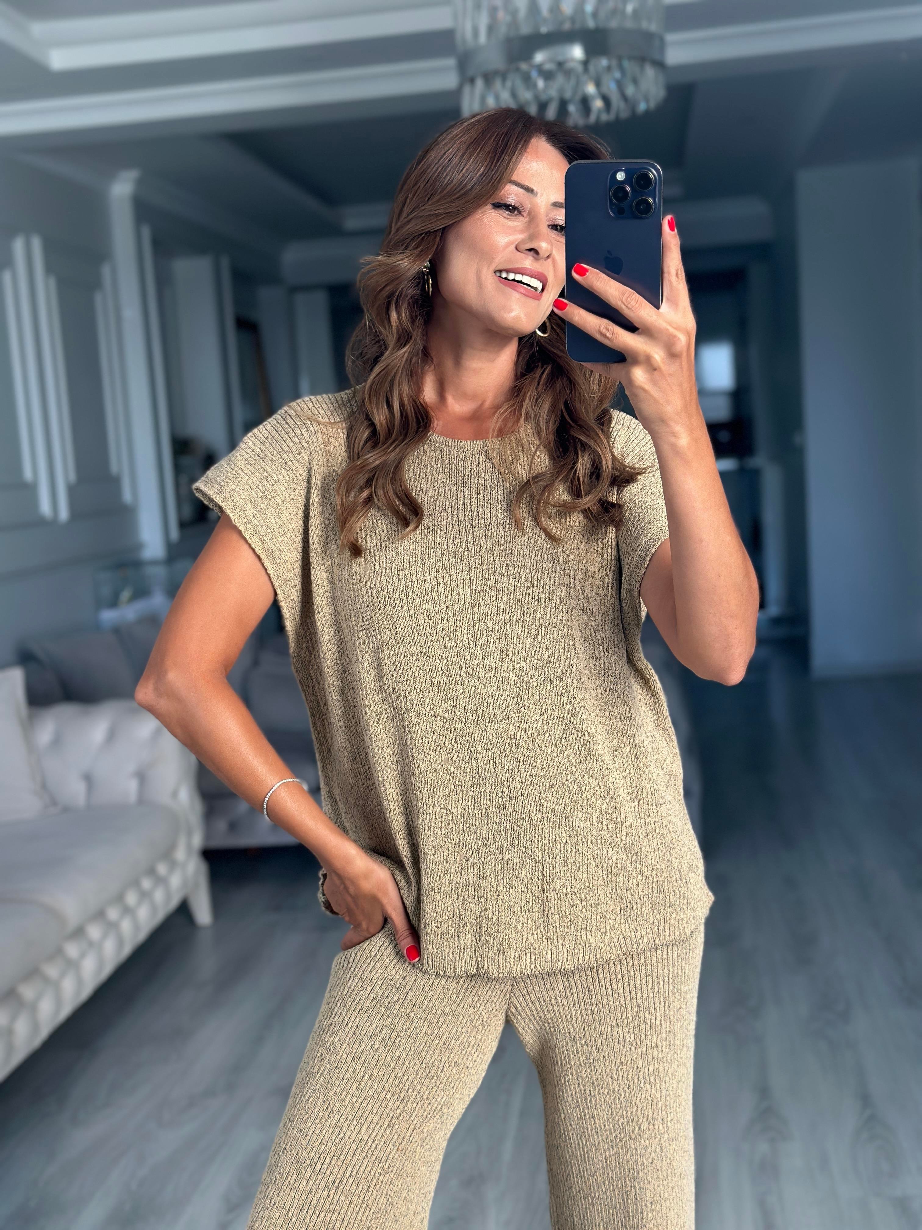 Sarı Düşük Kol Bluz Pantolon Kadın Triko İkili Takım