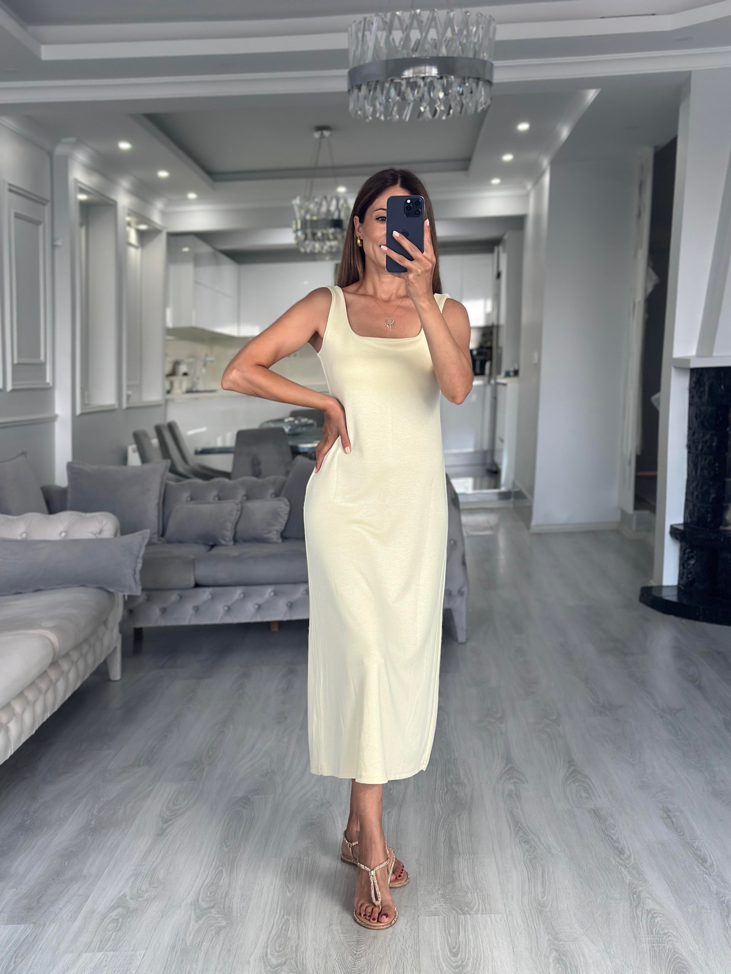 Sarı Kare Yaka Düz Basic Midi Boy Kadın Elbise 