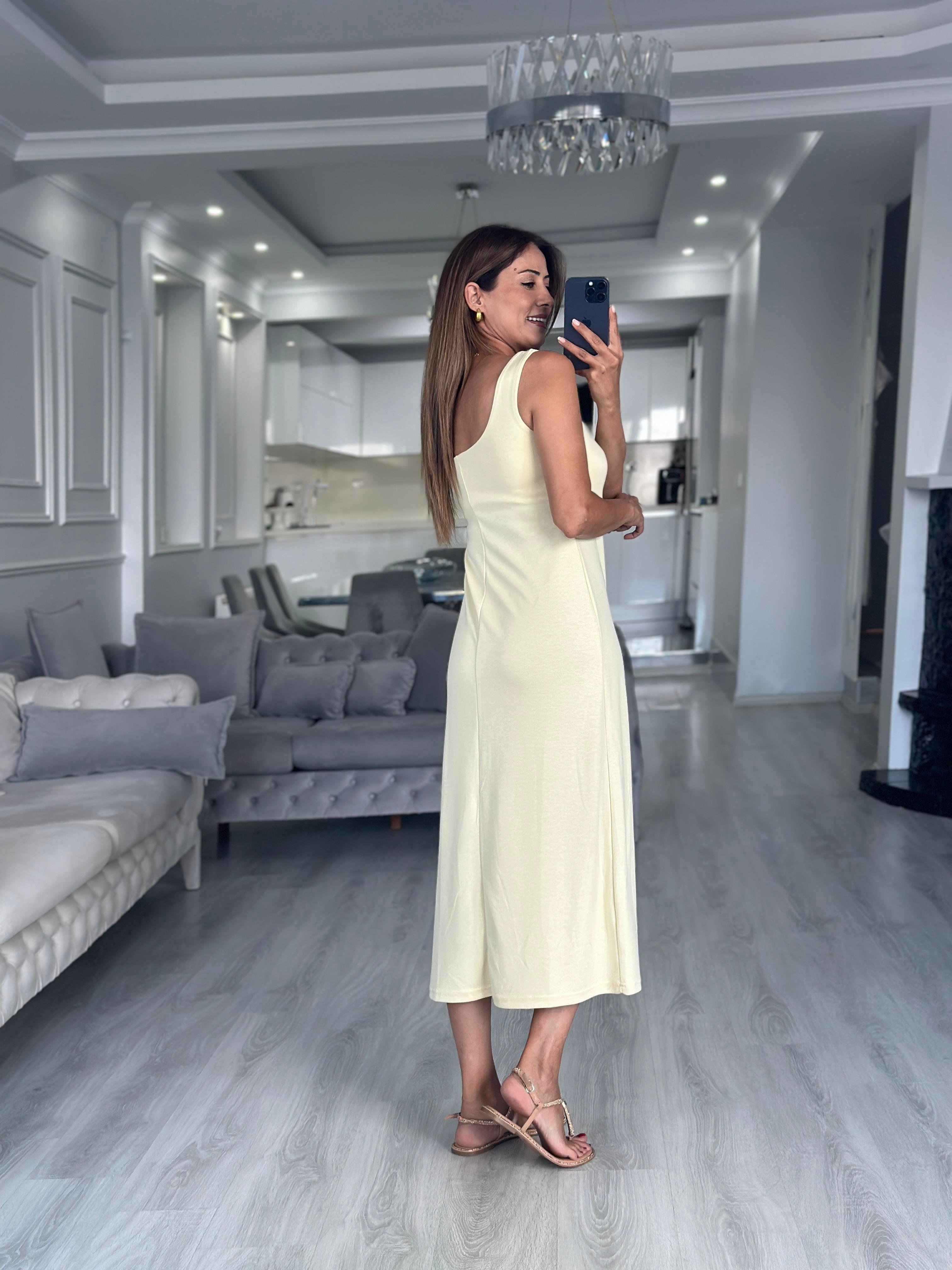 Sarı Kare Yaka Düz Basic Midi Boy Kadın Elbise 