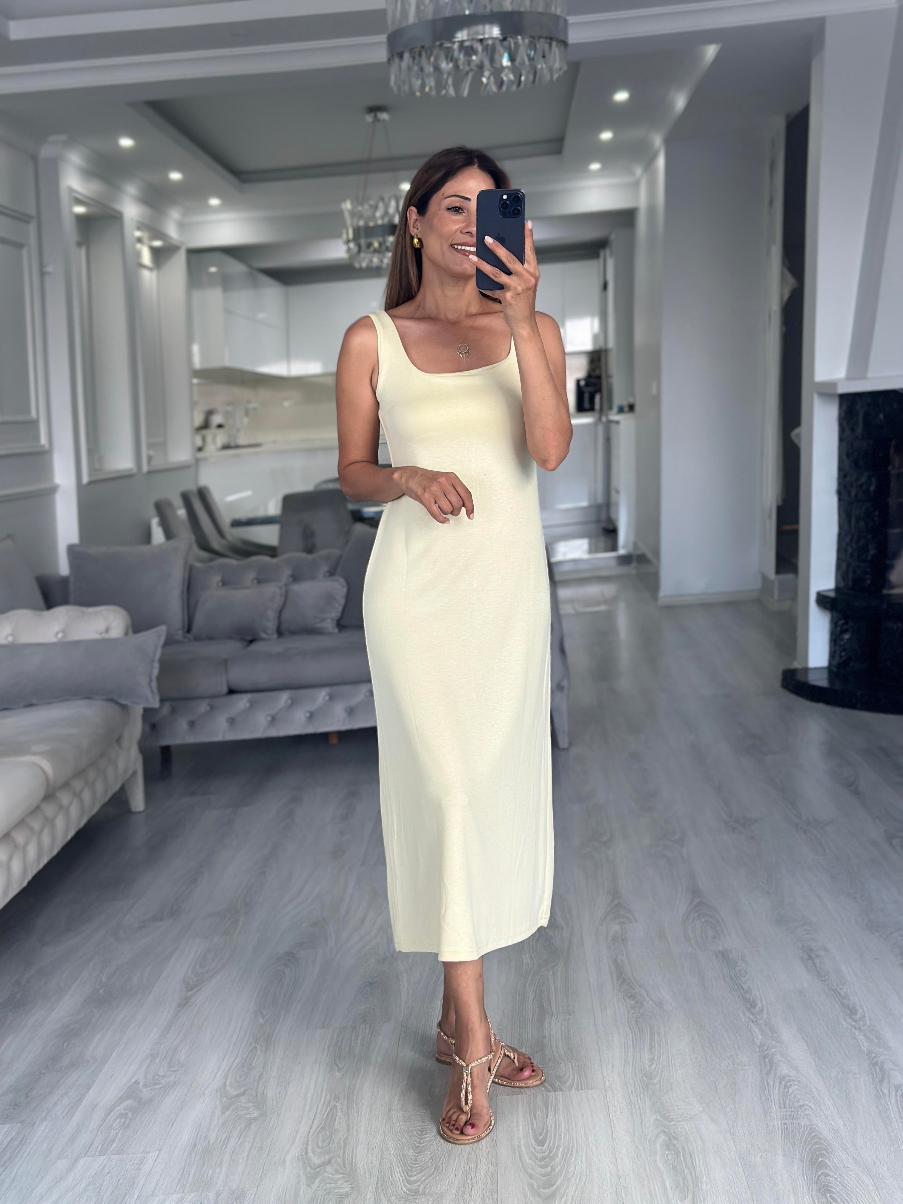 Sarı Kare Yaka Düz Basic Midi Boy Kadın Elbise 