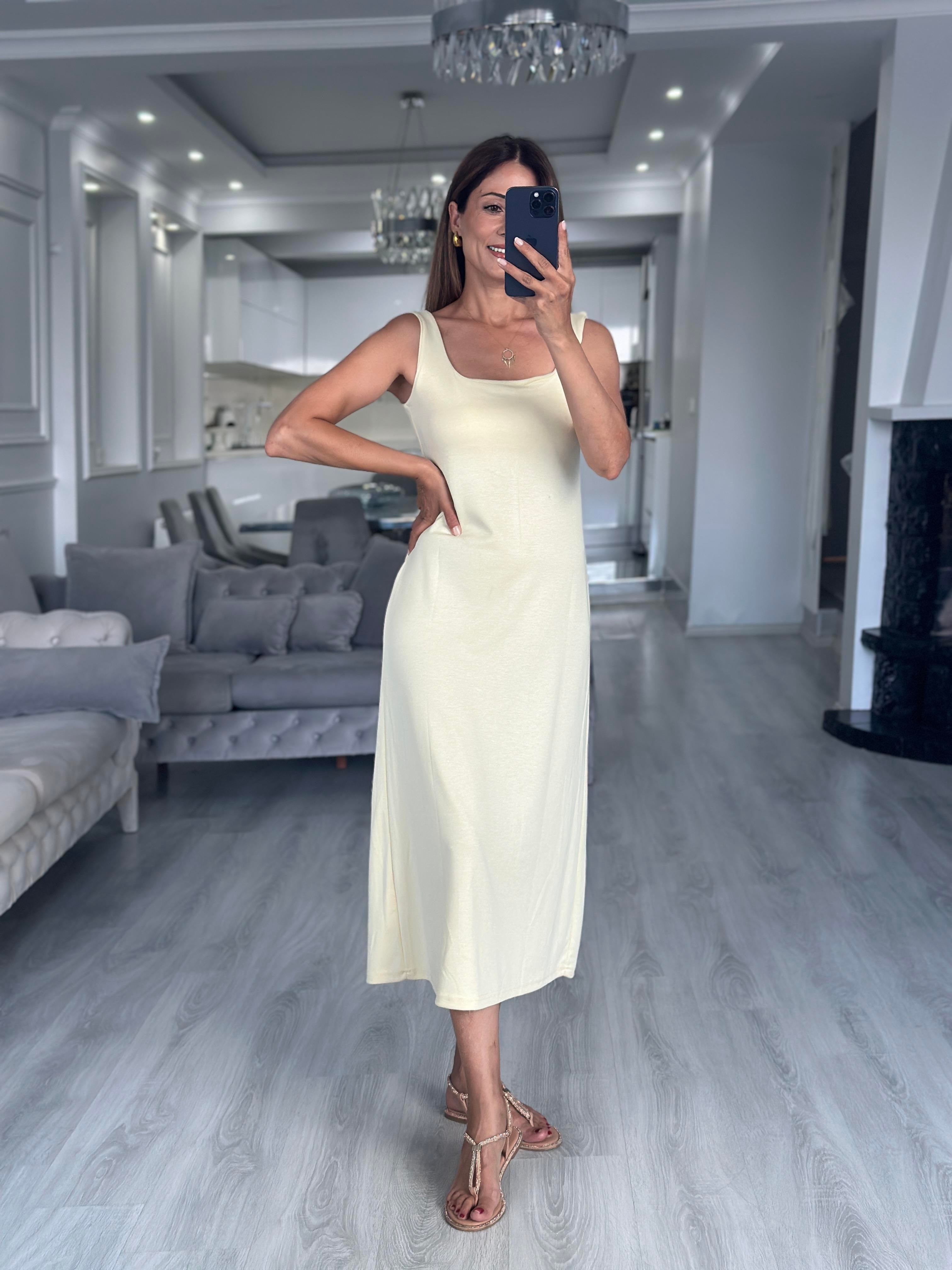 Sarı Kare Yaka Düz Basic Midi Boy Kadın Elbise 