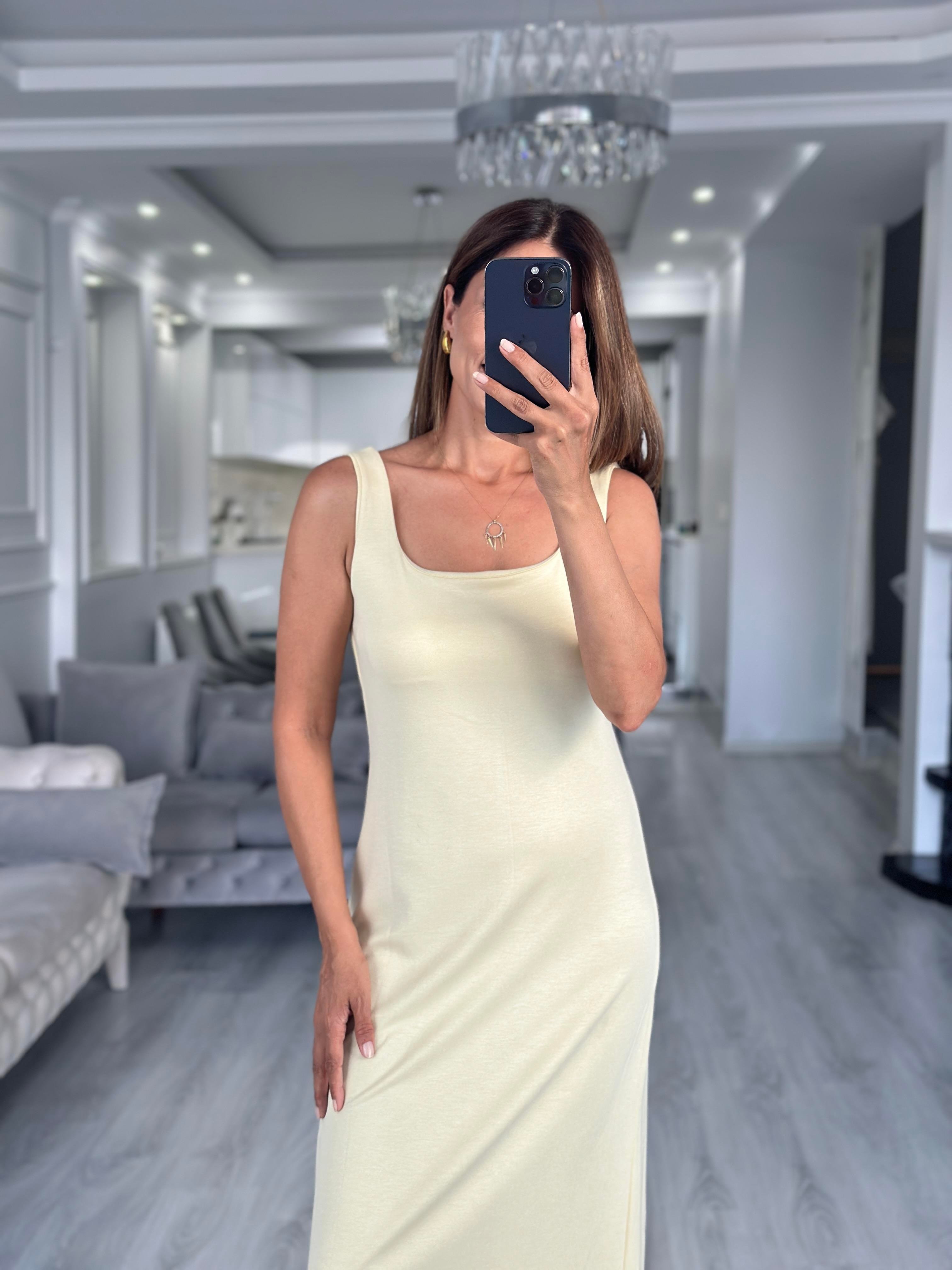 Sarı Kare Yaka Düz Basic Midi Boy Kadın Elbise 