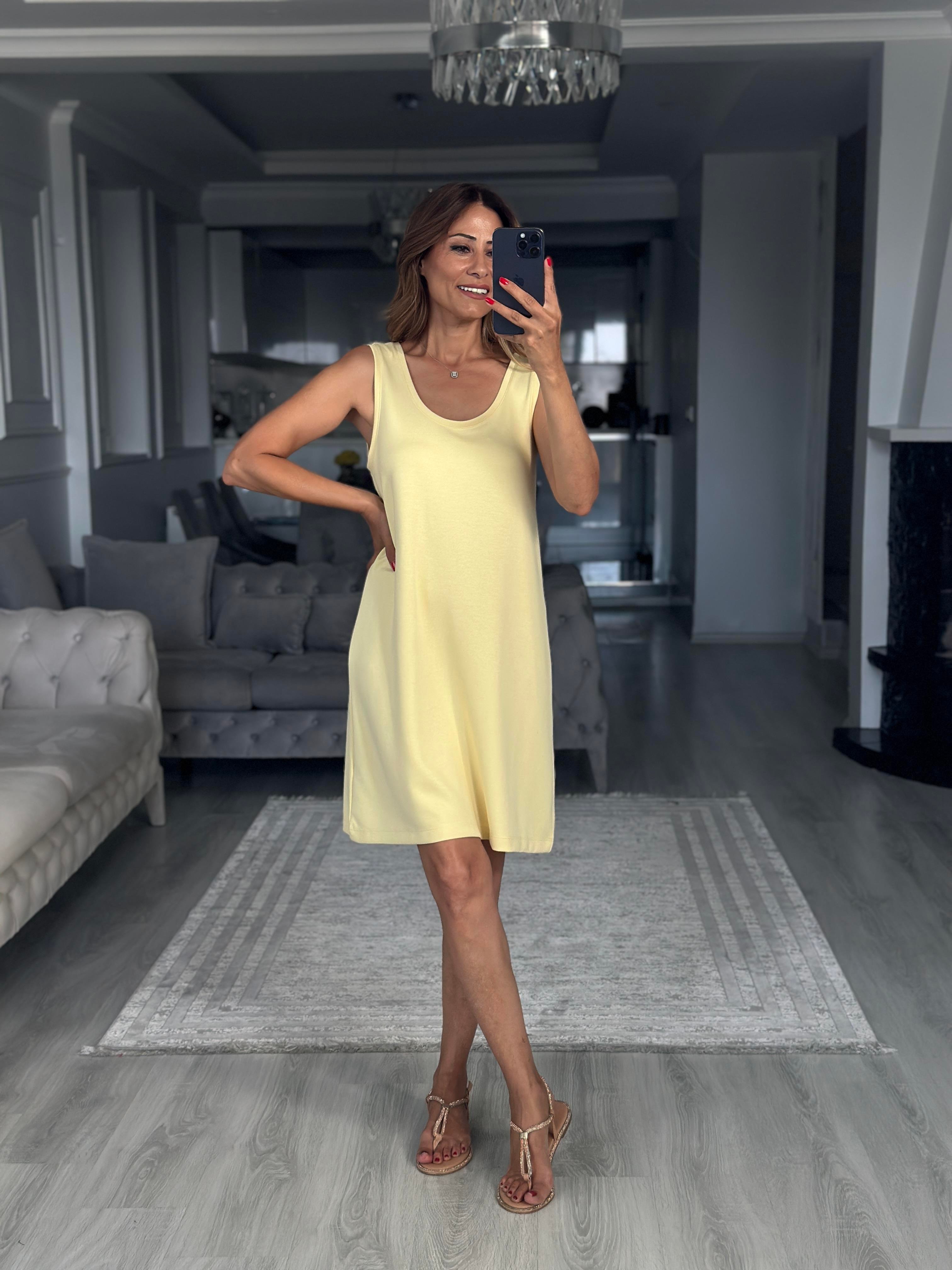 Sarı Ön Arka U Yaka  Basic Mini Kadın Elbise