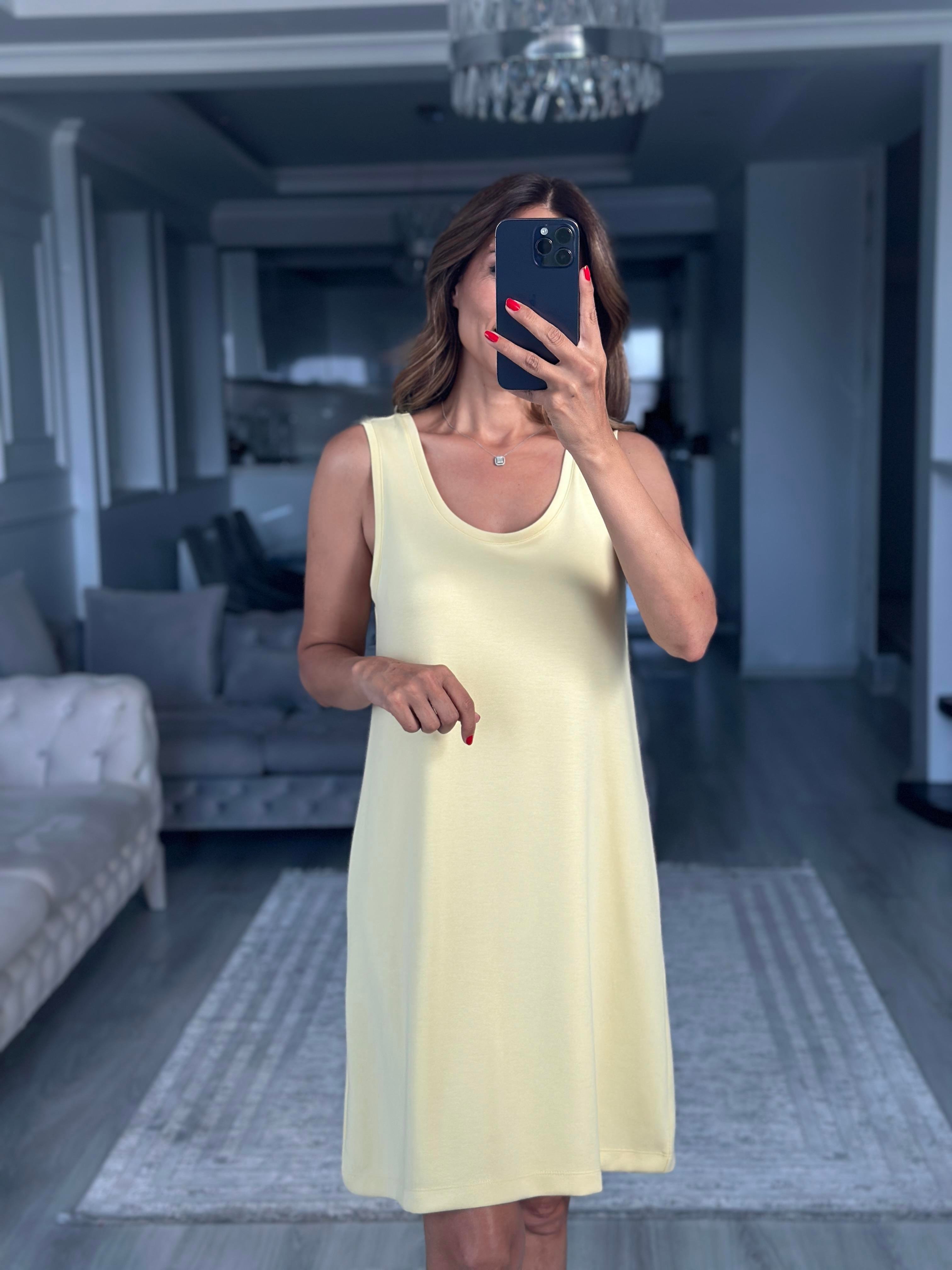 Sarı Ön Arka U Yaka  Basic Mini Kadın Elbise