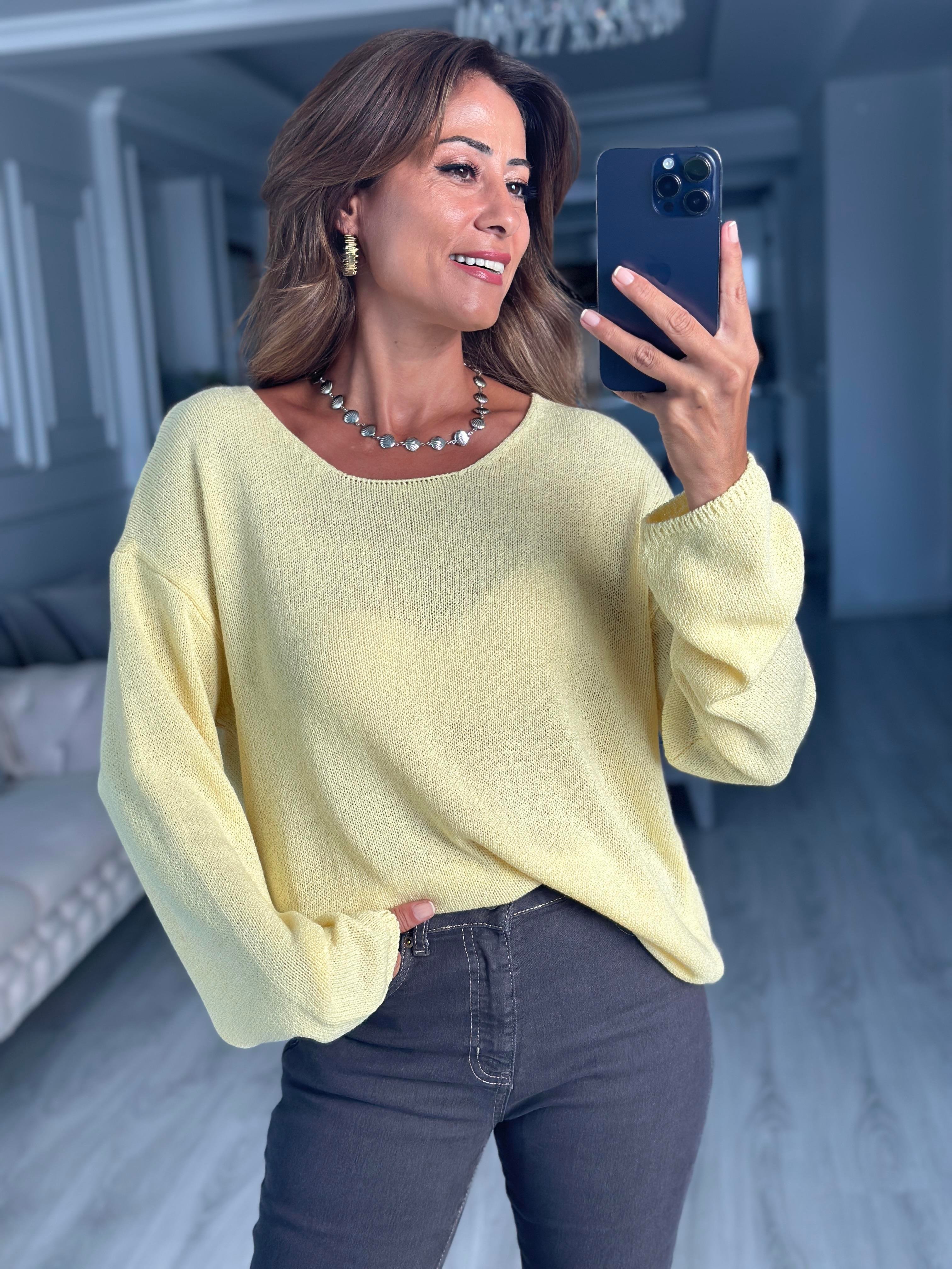 Sarı Oval Yaka Uzun Kol Kadın Triko Kazak